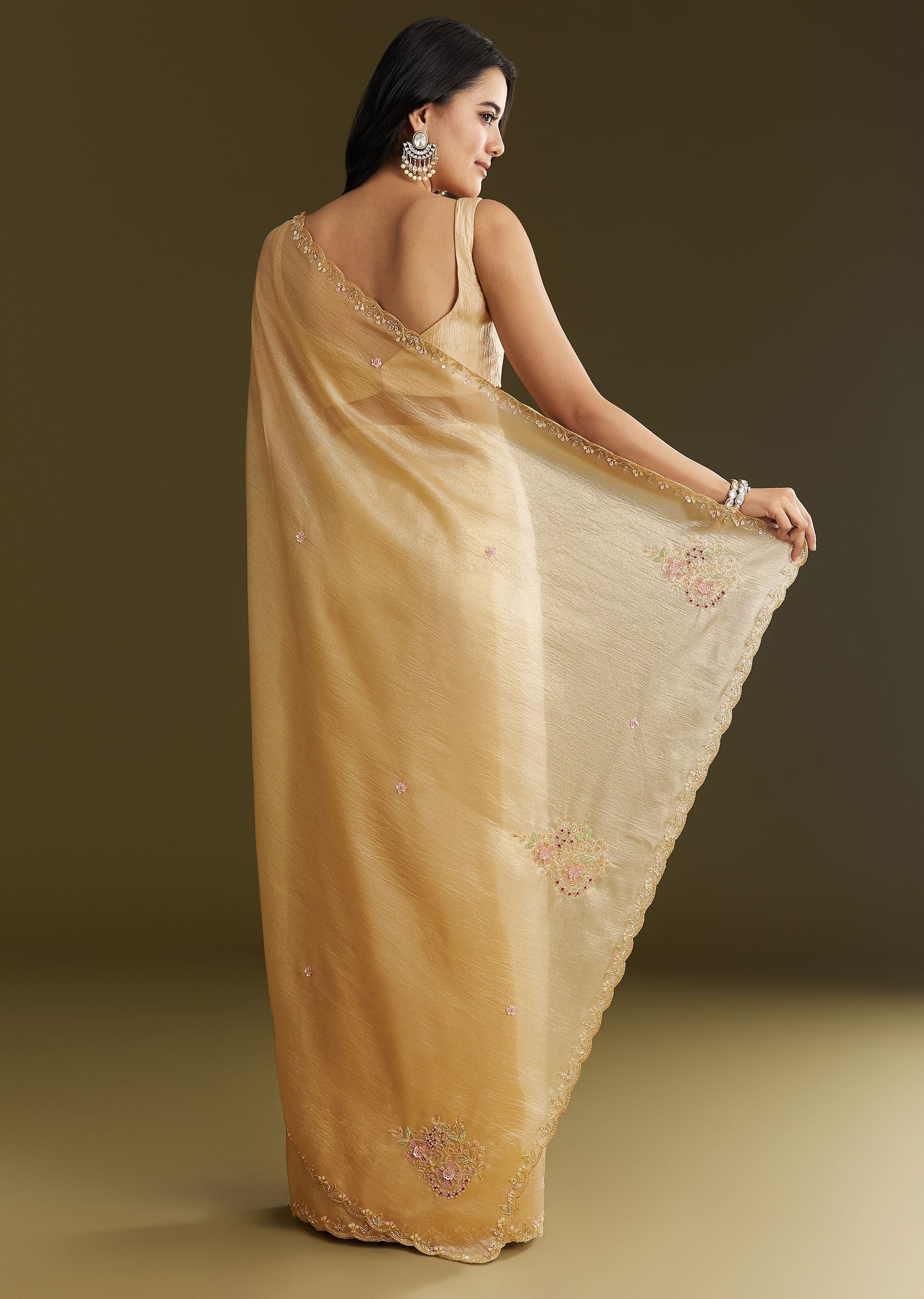 Gold Crushed Tissue Saree With Floral Embroidery And Scallop Border