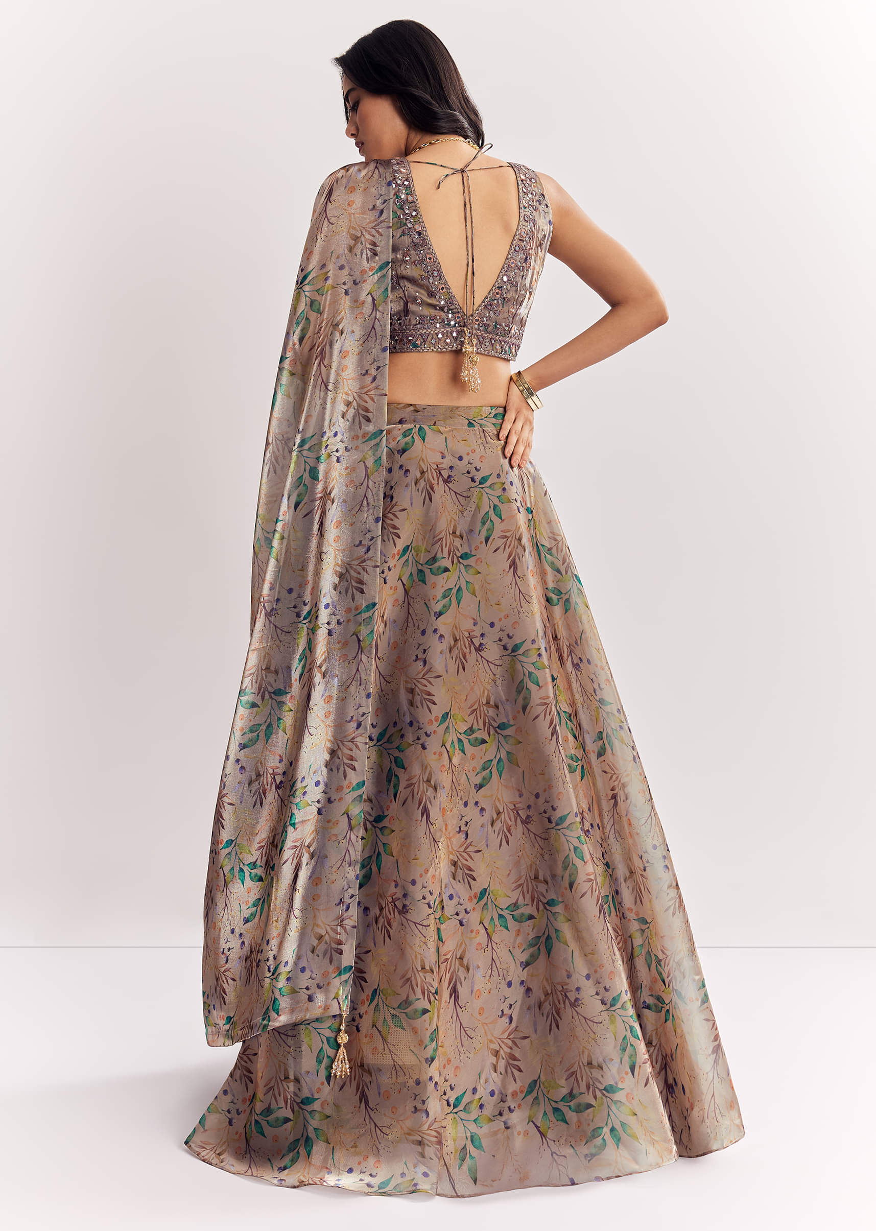 Gold Organza Tissue Lehenga Dupatta With Mirror Work Choli