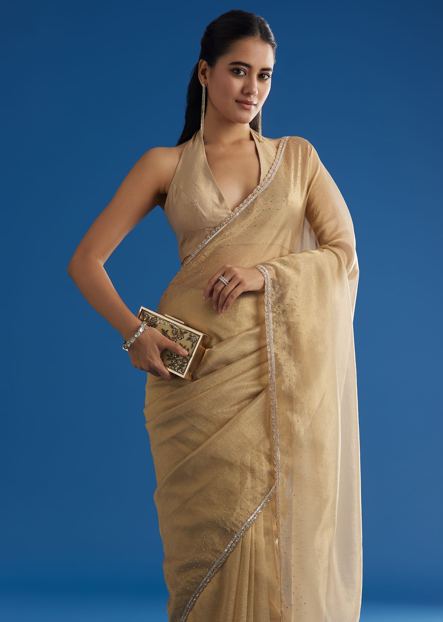 Gold Tissue Saree With Cutdana Sequins And Beads Embroidery
