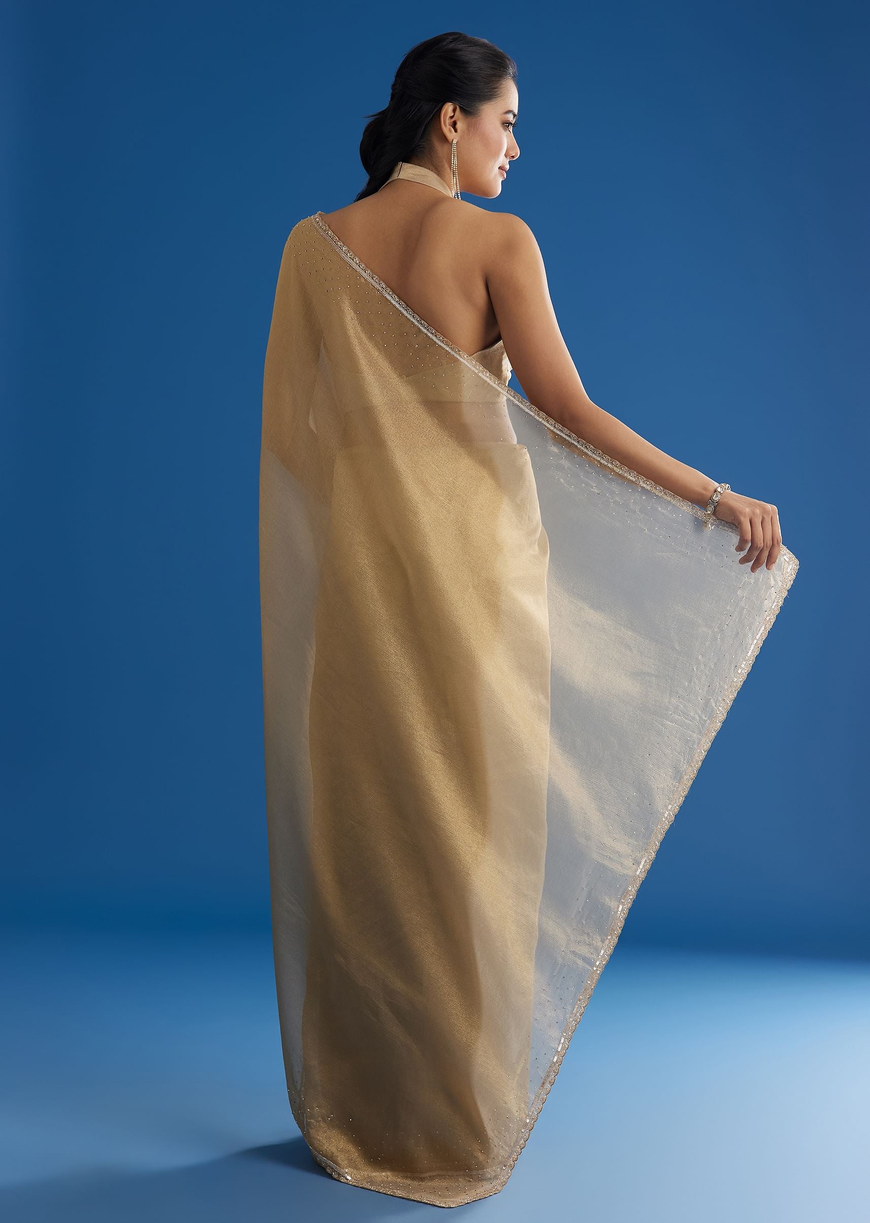 Gold Tissue Saree With Cutdana Sequins And Beads Embroidery