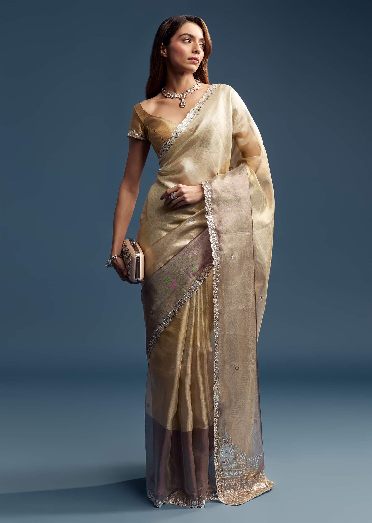 Gold Tissue Saree With Mirror Embroidery