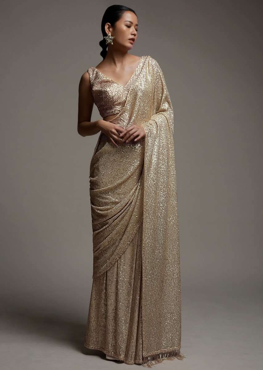 Gold Beige Saree Embellished In Sequins With Fringes On The Pallu And Unstitched Blouse