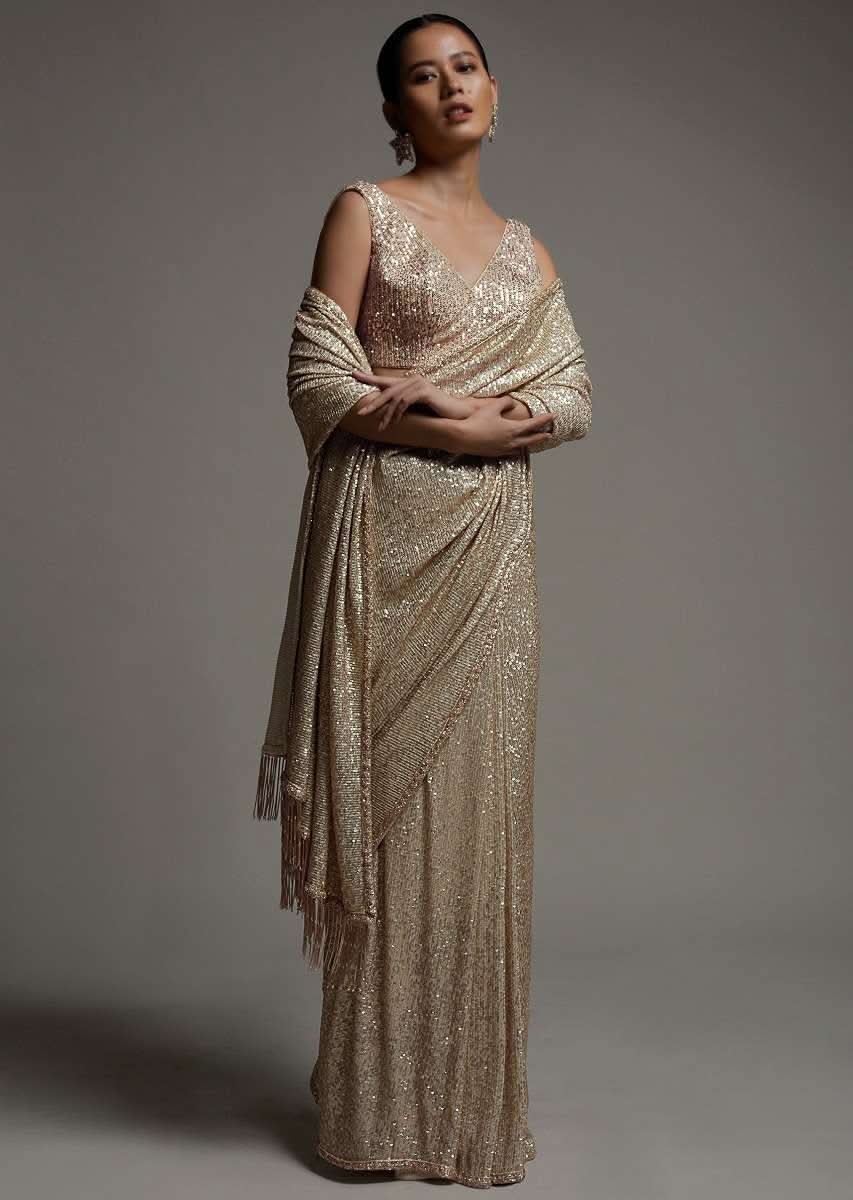 Gold Beige Saree Embellished In Sequins With Fringes On The Pallu And Unstitched Blouse