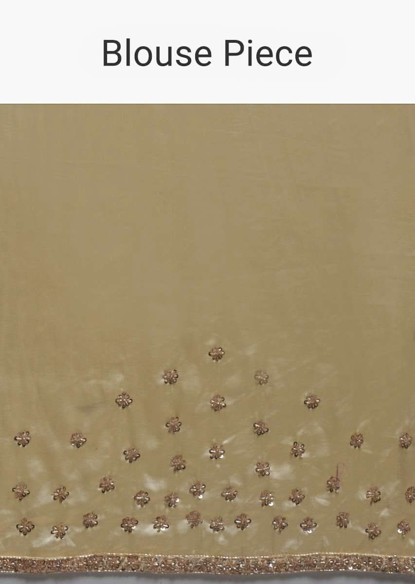Gold Beige Saree Embellished In Sequins With Fringes On The Pallu And Unstitched Blouse