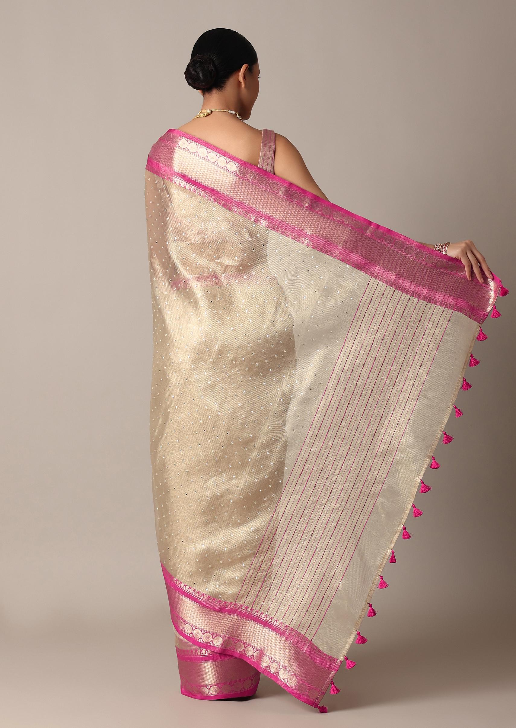 Gold Kota Silk Chanderi Saree With Mirror Detail And Unstitched Blouse Piece
