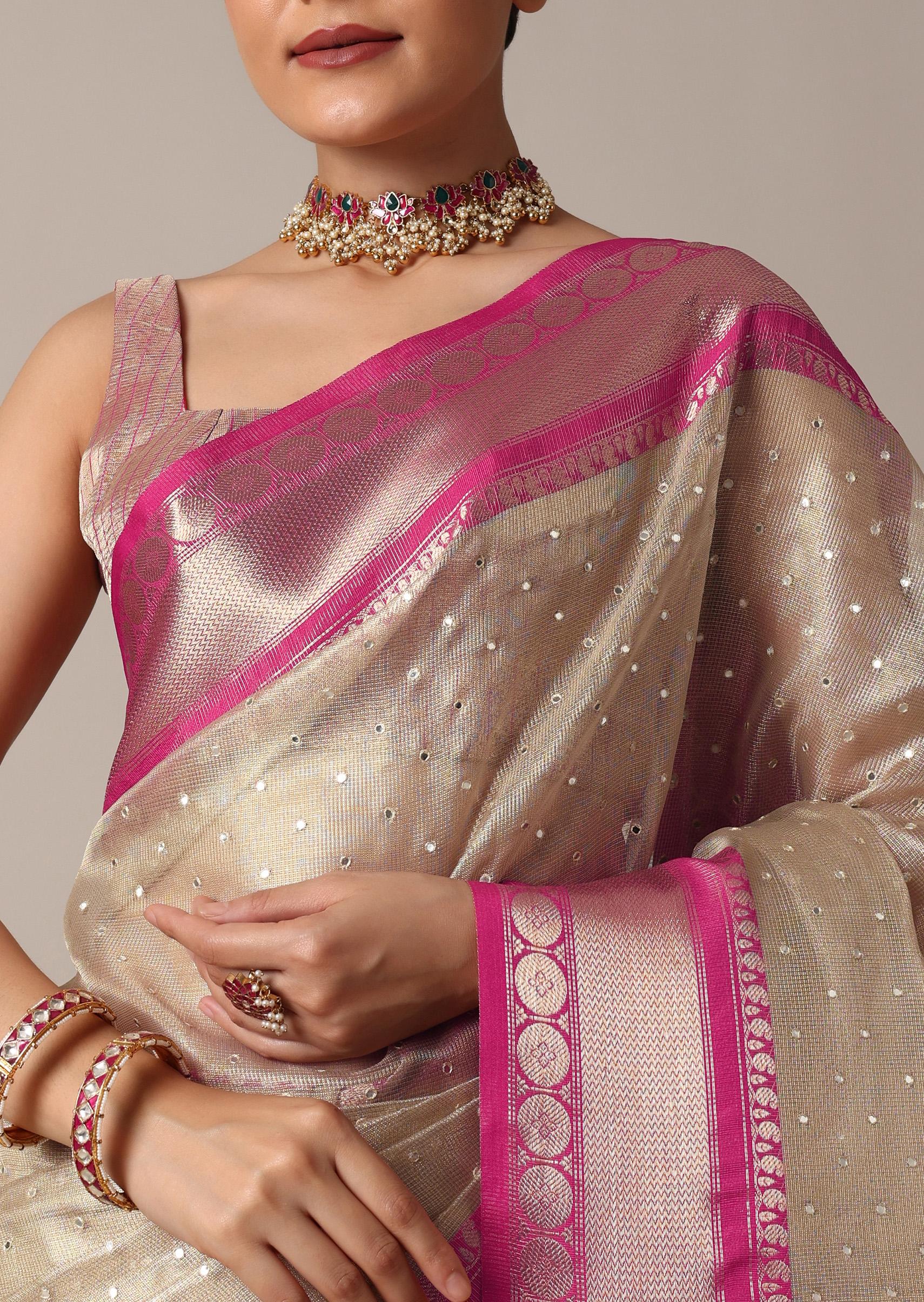 Gold Kota Silk Chanderi Saree With Mirror Detail And Unstitched Blouse Piece