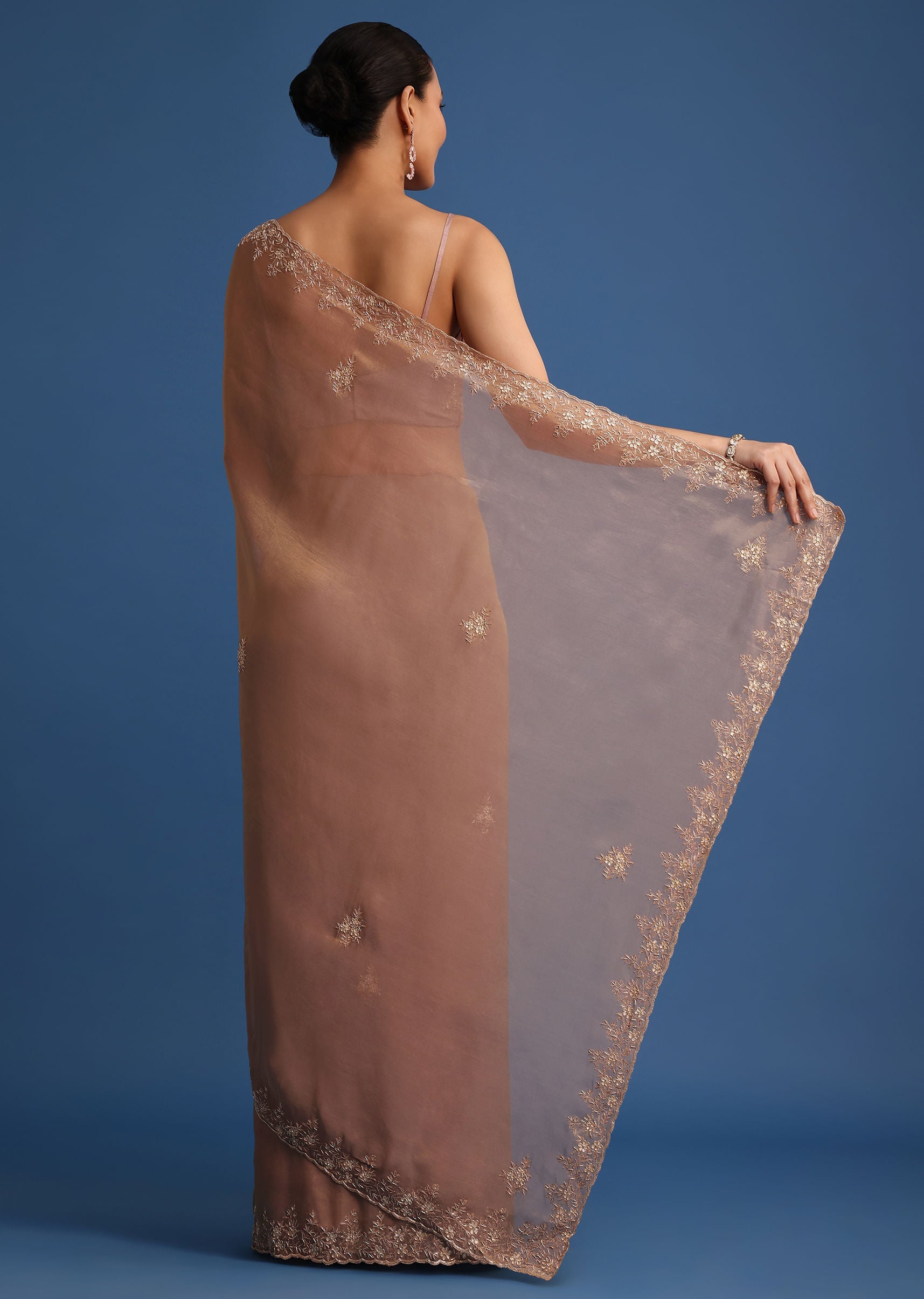Gold Tissue Saree With Stones And Cutdana Embroidered Border