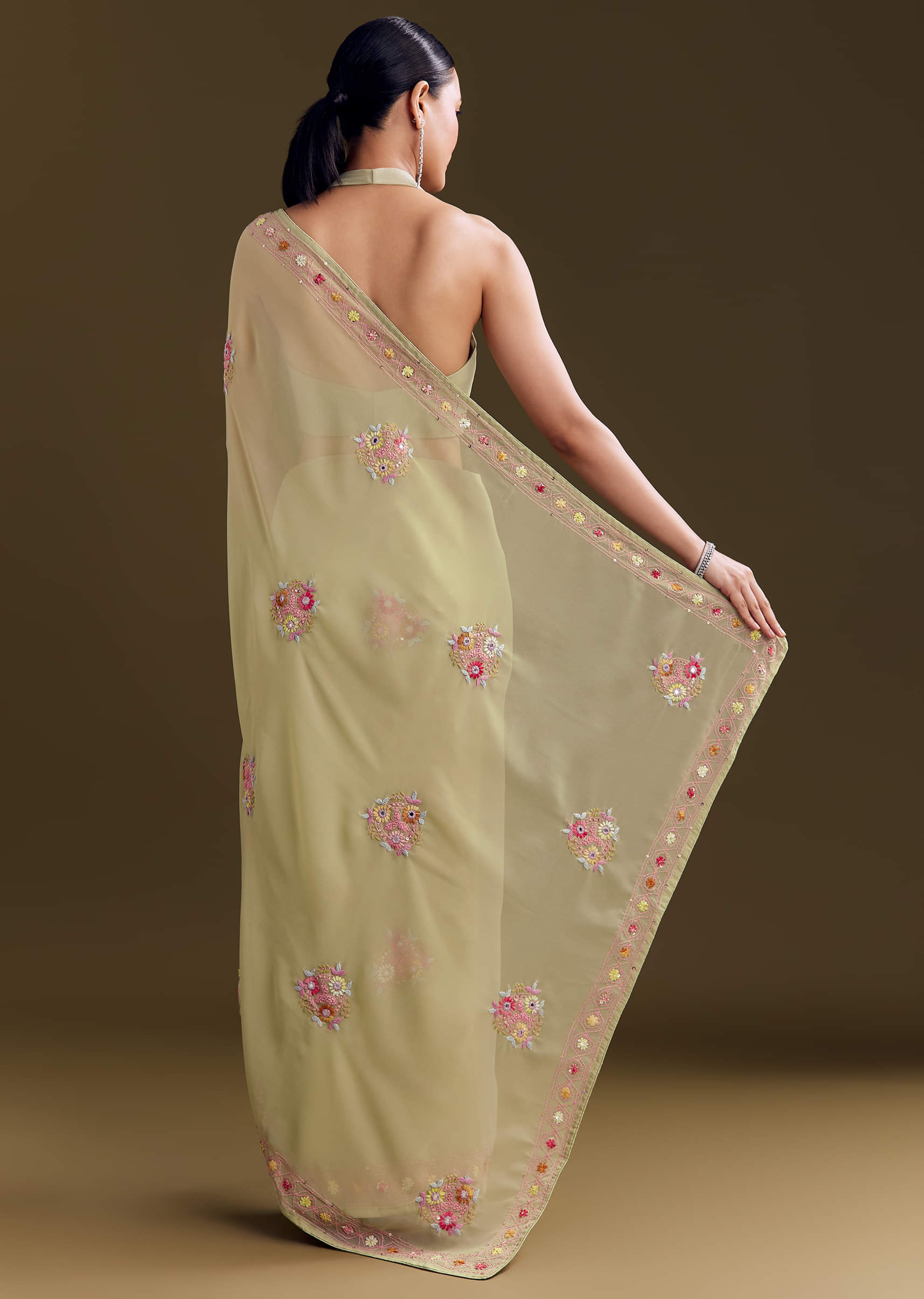 Green Georgette Saree With Kashmiri Bud Embroidery