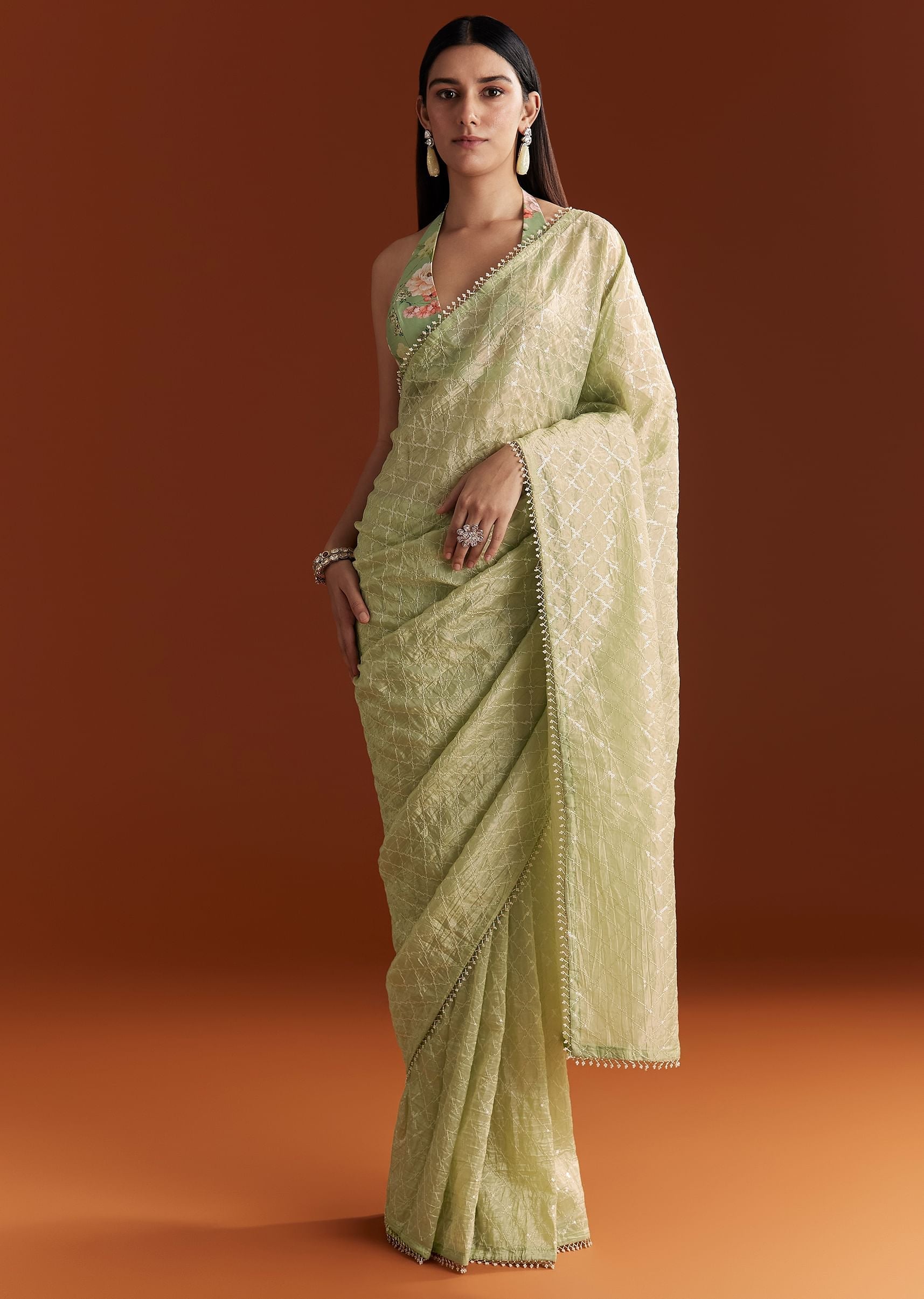 Green Glass Tissue Saree With Sequins And Cutdana Beaded Border