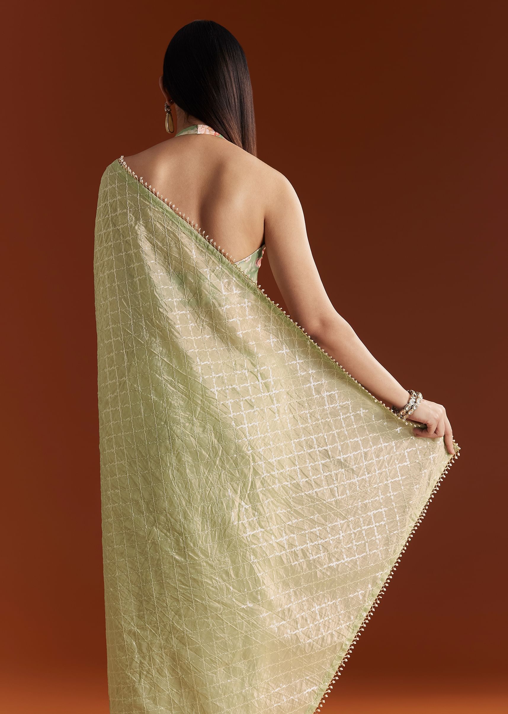 Green Glass Tissue Saree With Sequins And Cutdana Beaded Border