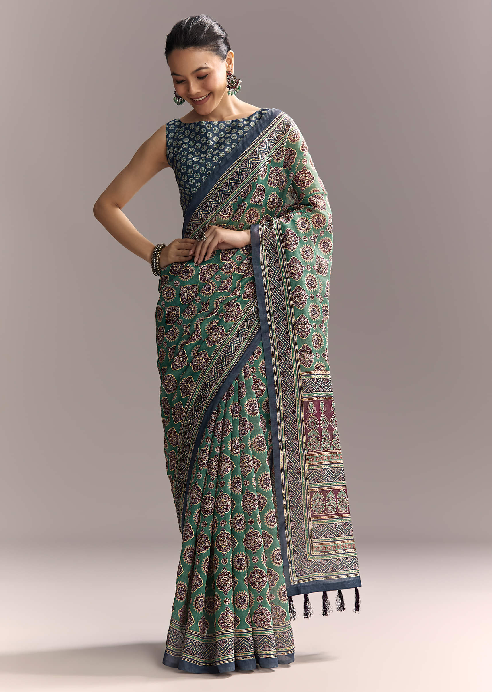 Green Linen Saree With Authentic Ajrakh Print And Indigo Border
