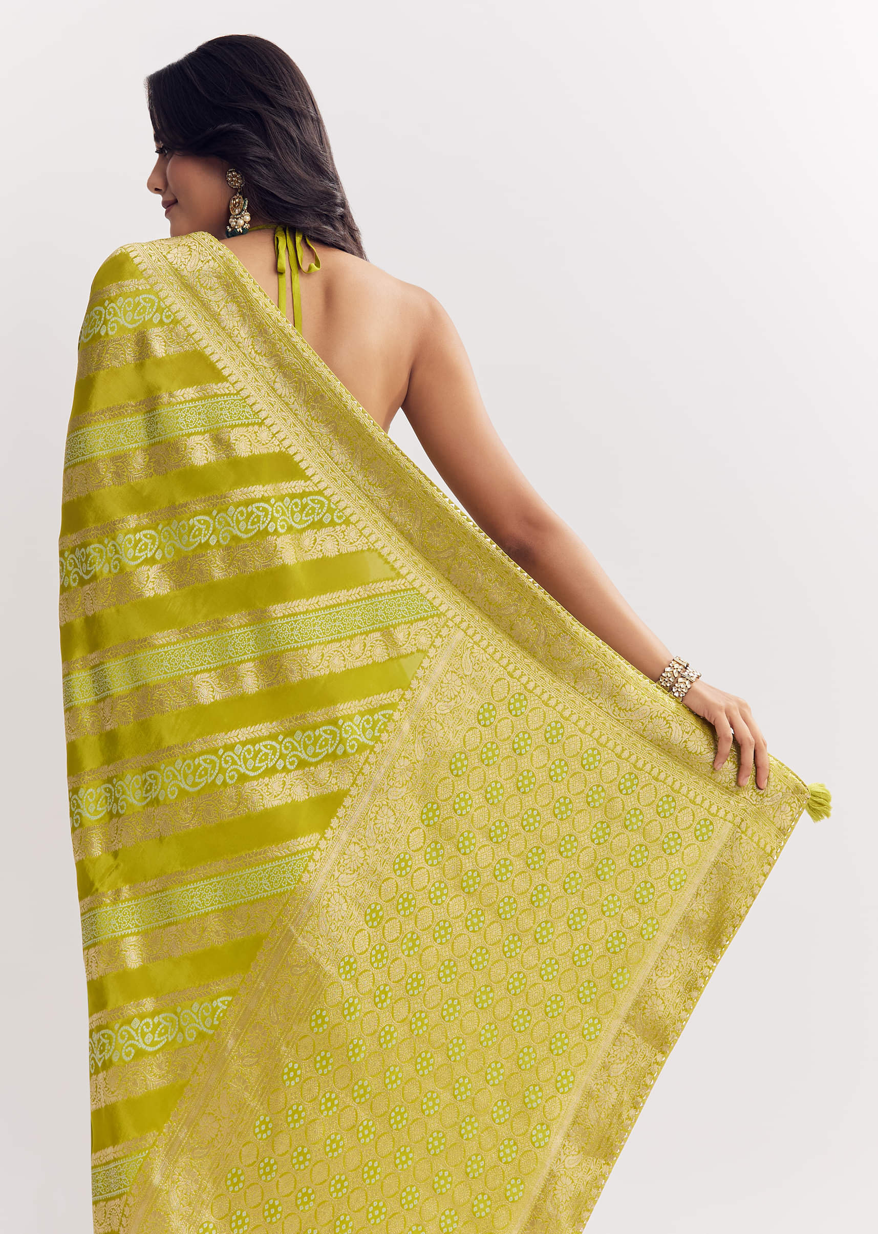 Green Satin Saree With Zari Vine Design