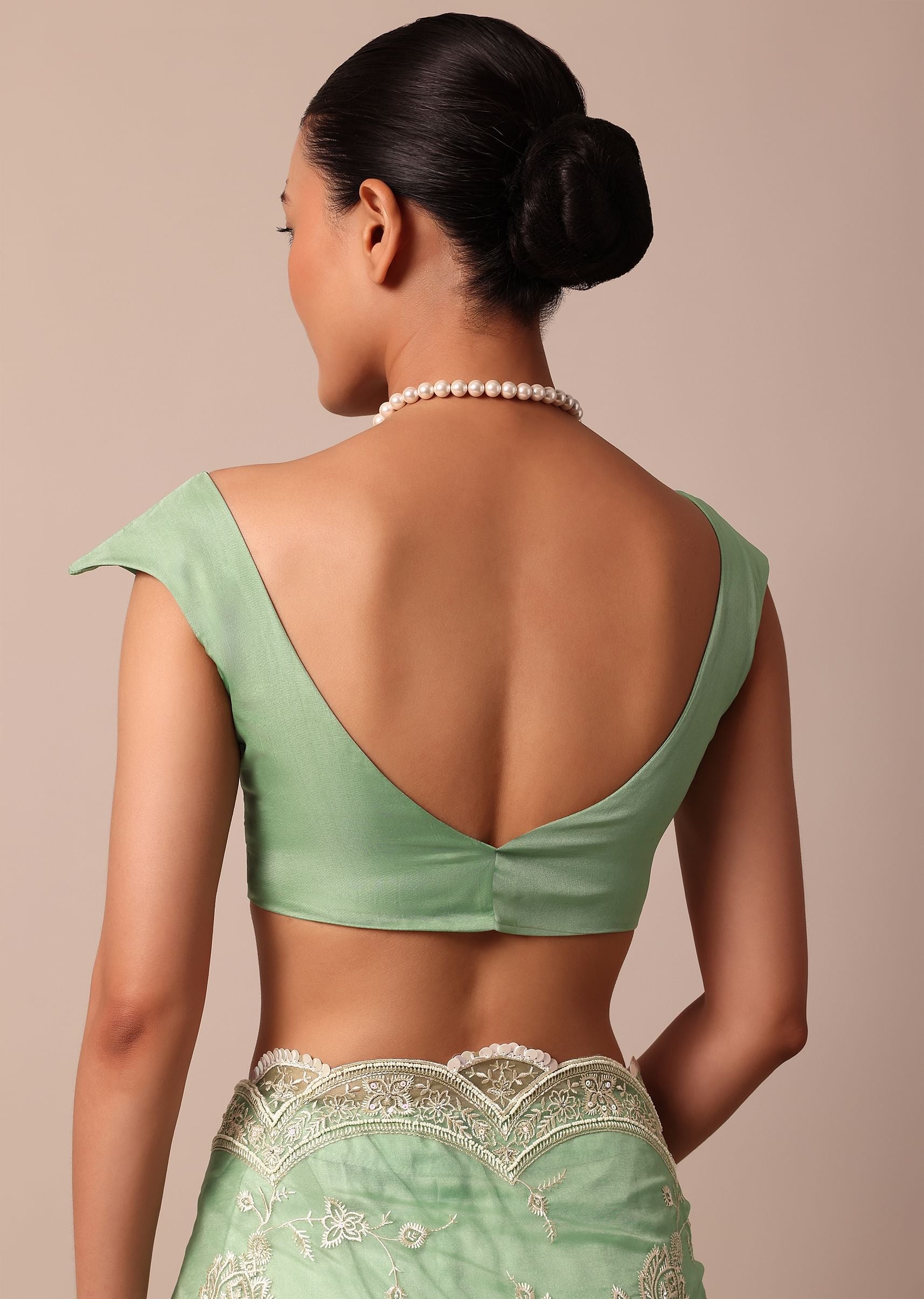 Green Chikankari Saree In Organza Silk With Sequin Scallop Border And Unstitched Blouse Fabric