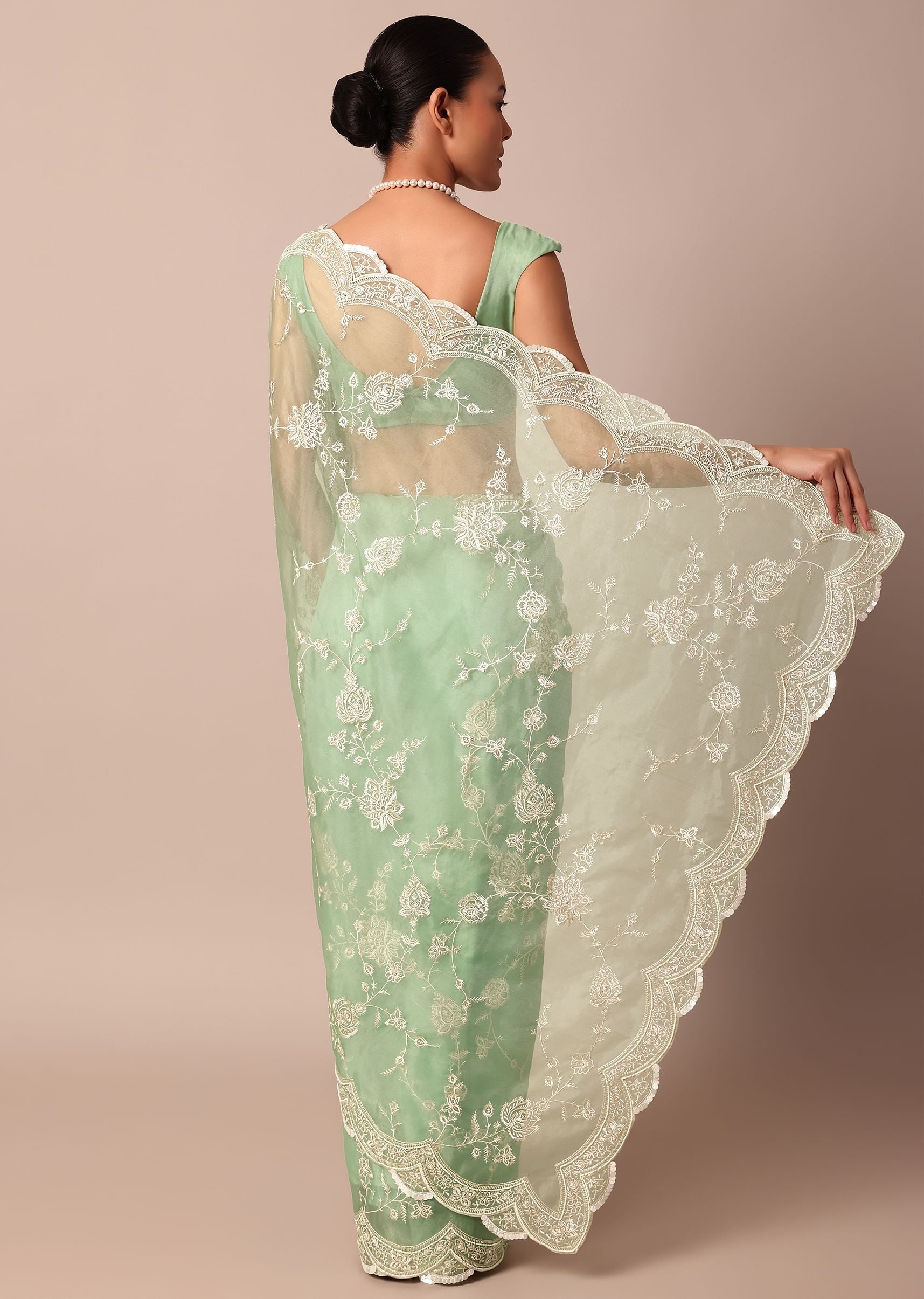 Green Chikankari Saree In Organza Silk With Sequin Scallop Border And Unstitched Blouse Fabric