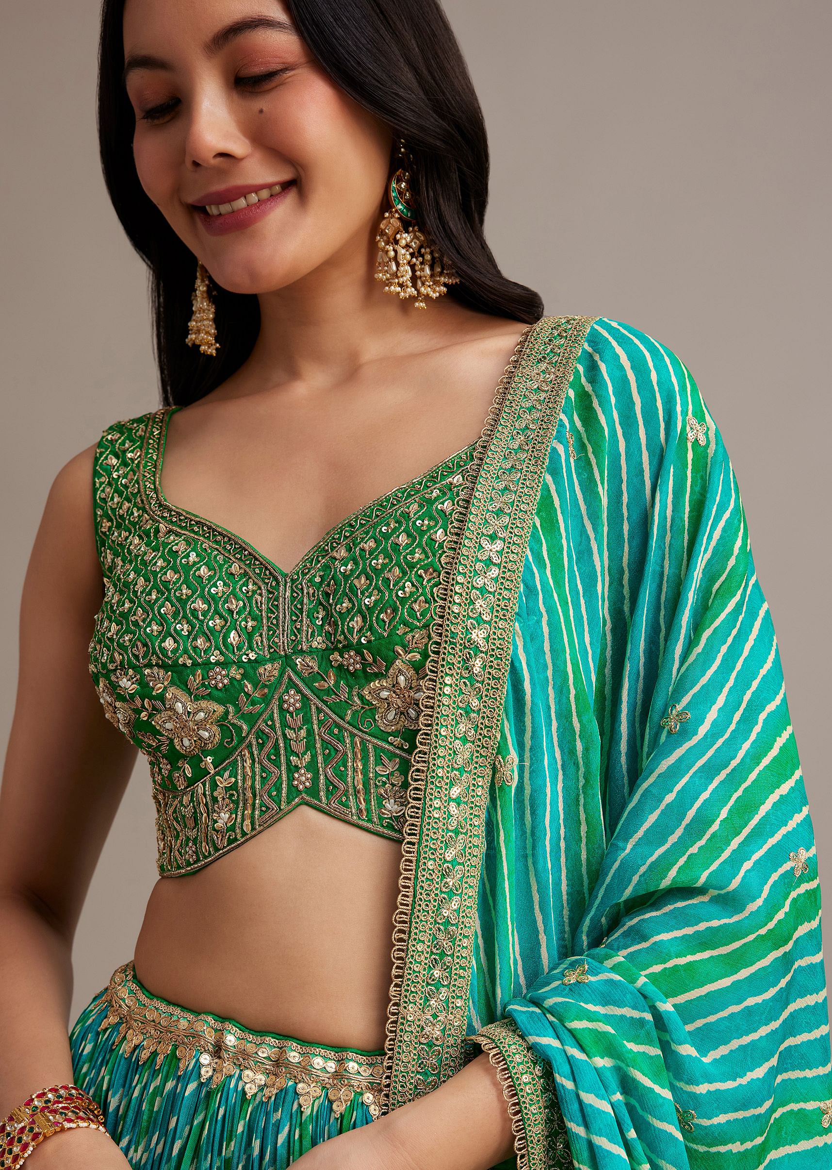 Green Leheriya Lehenga Set With Zardosi And Sequins Work