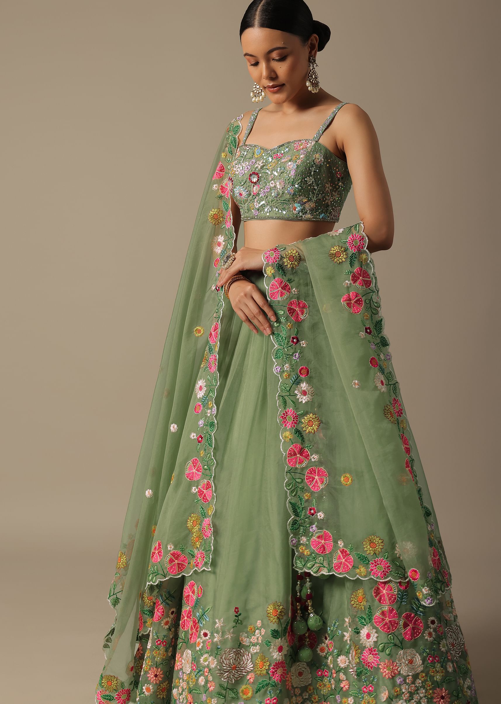 Green Organza Embroidered Lehenga Set With Floral Motifs