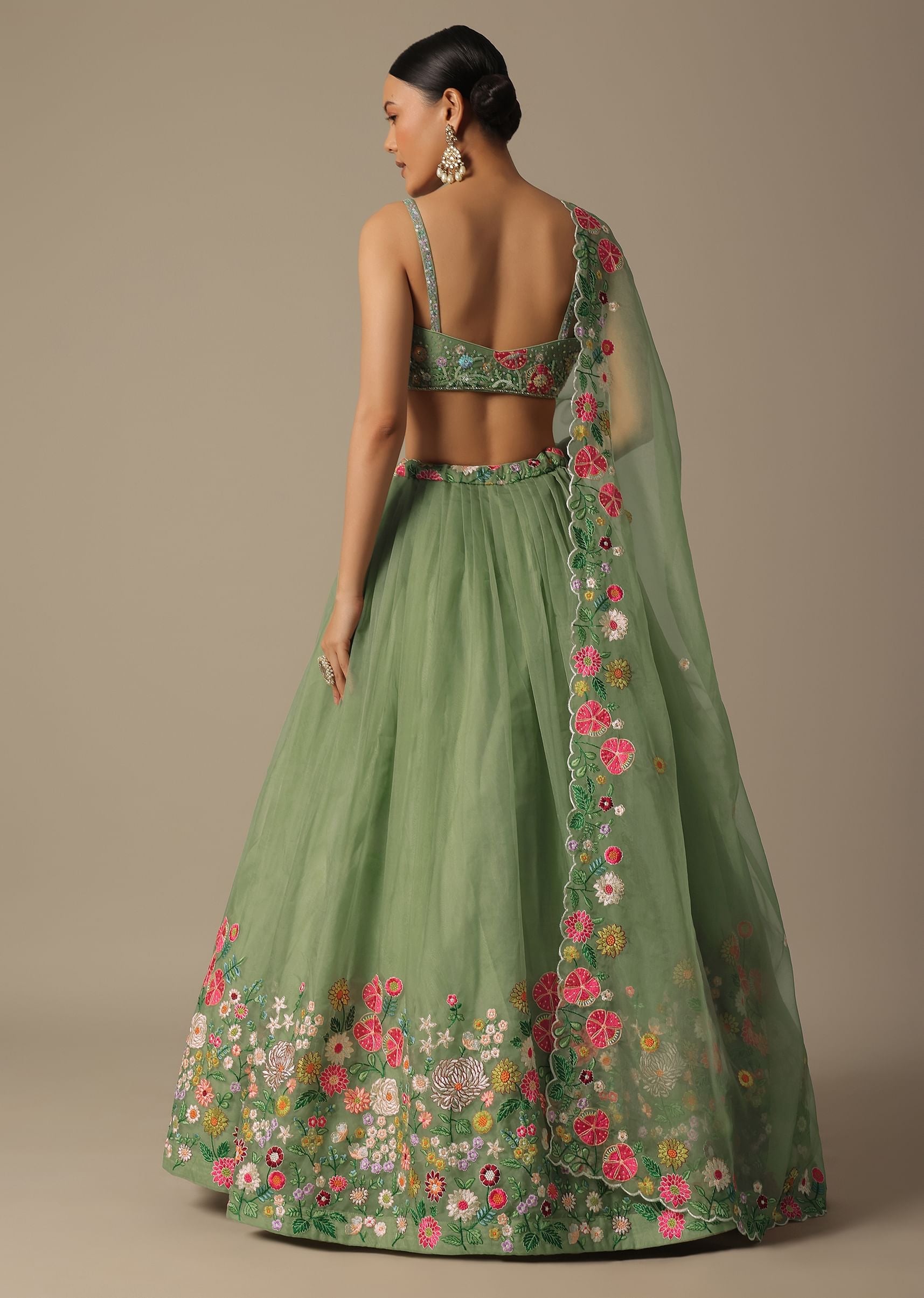 Green Organza Embroidered Lehenga Set With Floral Motifs