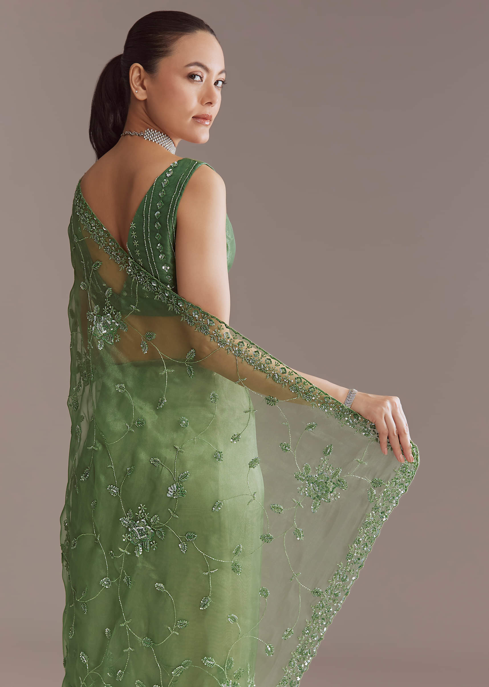 Green Tissue Saree With Jaal And Sequin Embroidery