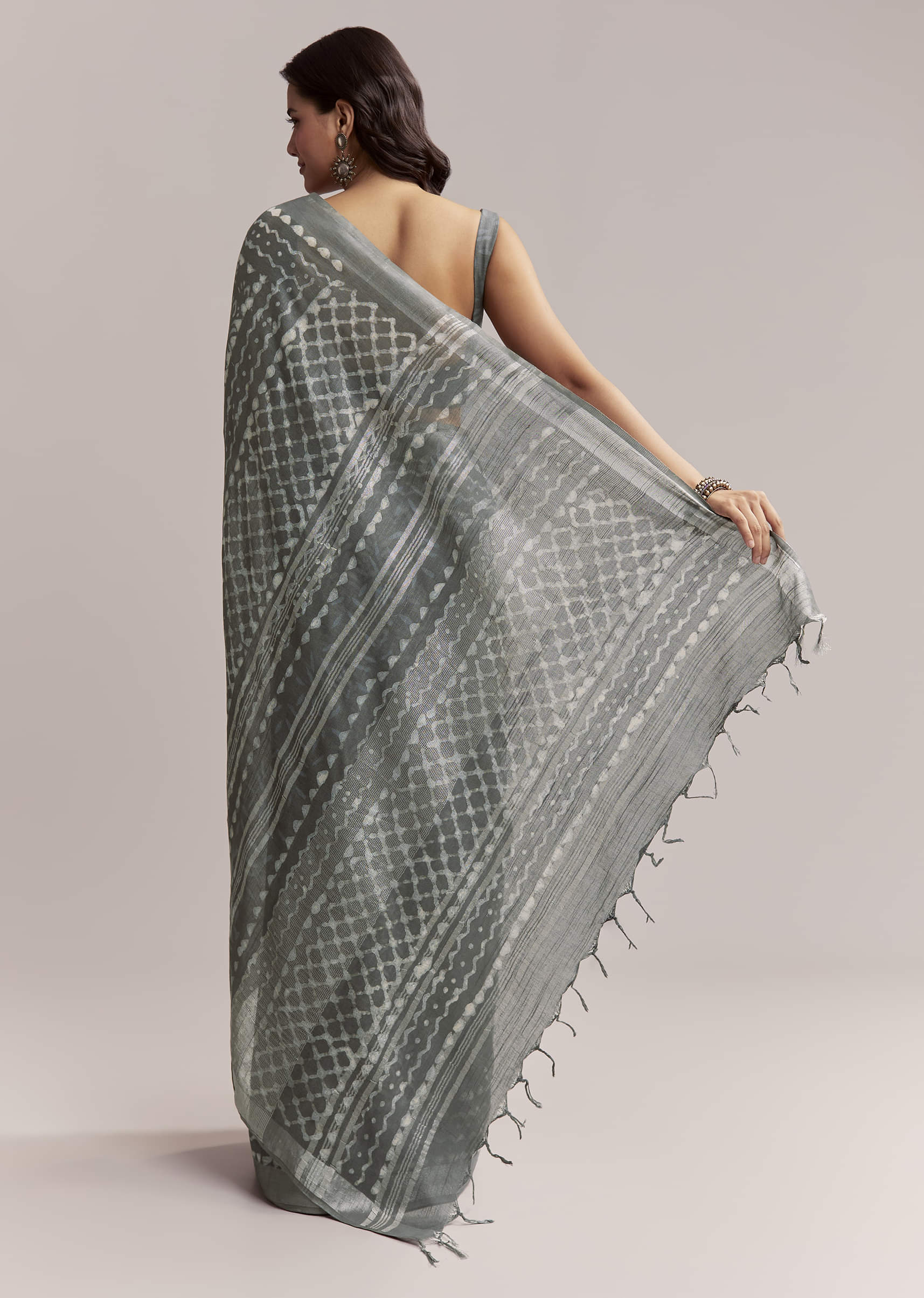 Grey Linen Printed Saree With Authentic Ajrakh Geometric Print