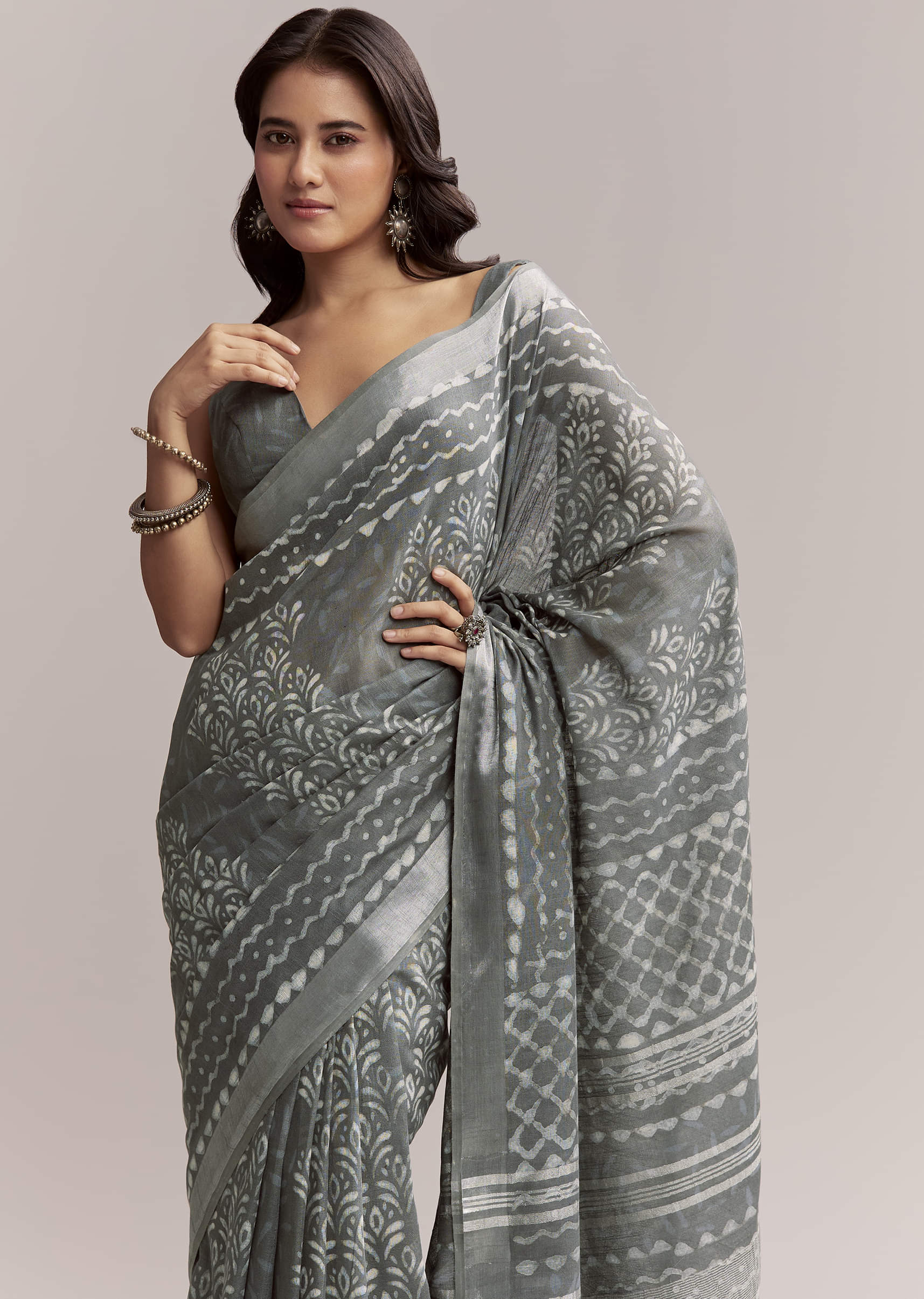 Grey Linen Printed Saree With Authentic Ajrakh Geometric Print