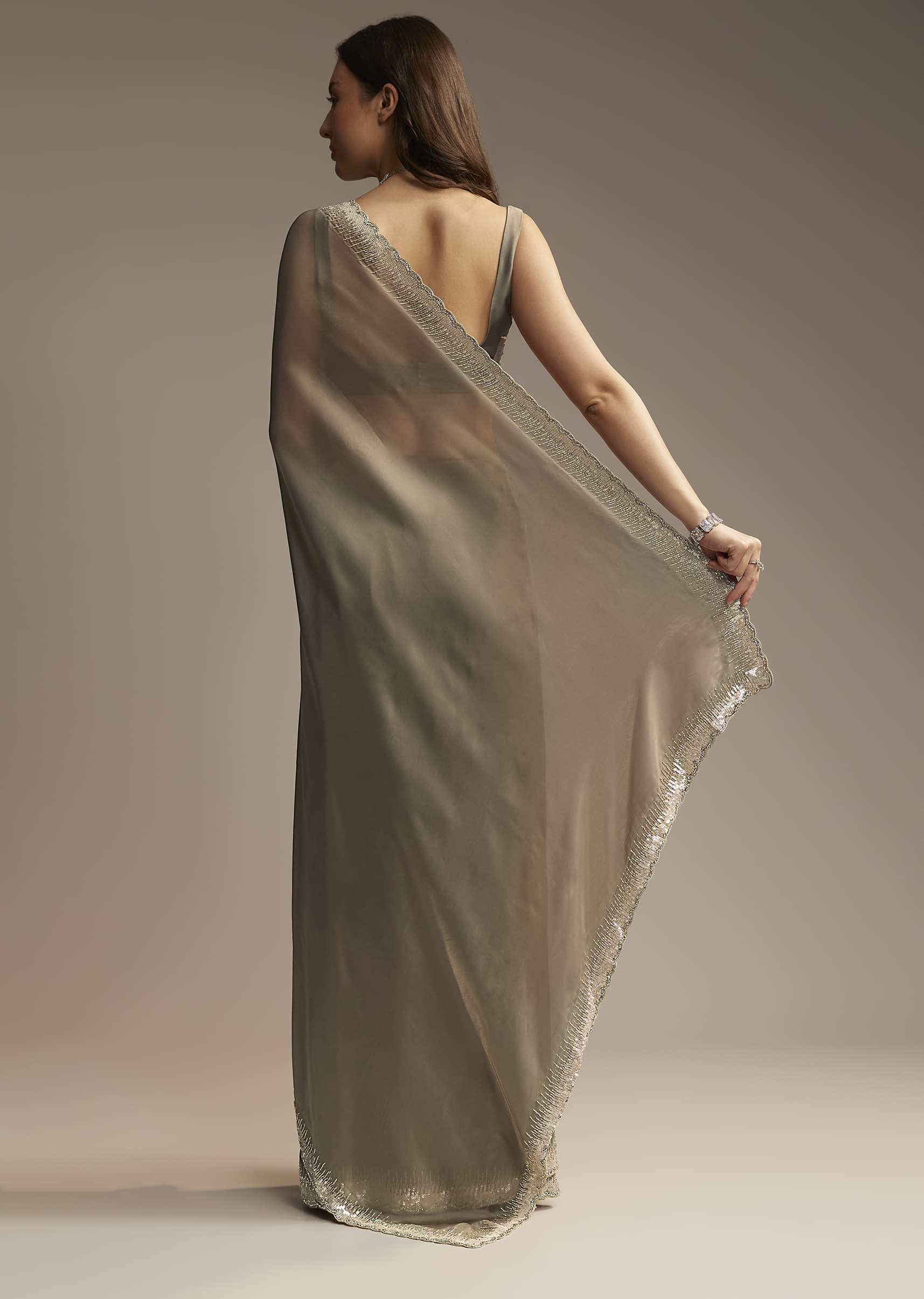 Grey Organza Saree with Cutdana  Sequin Embroidery