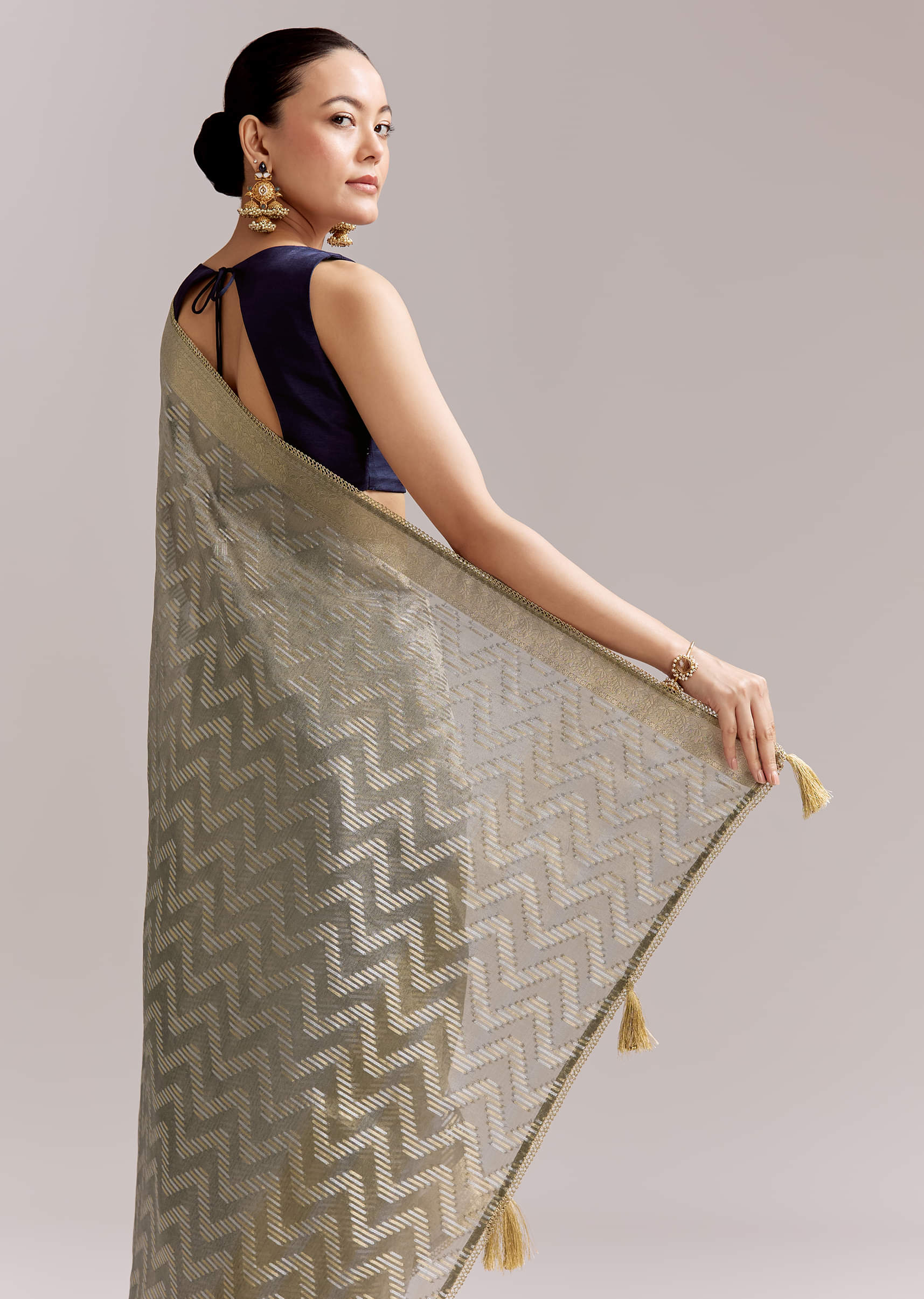 Grey Tissue Silk Woven Saree With Zig Zag Motif And Zari Border