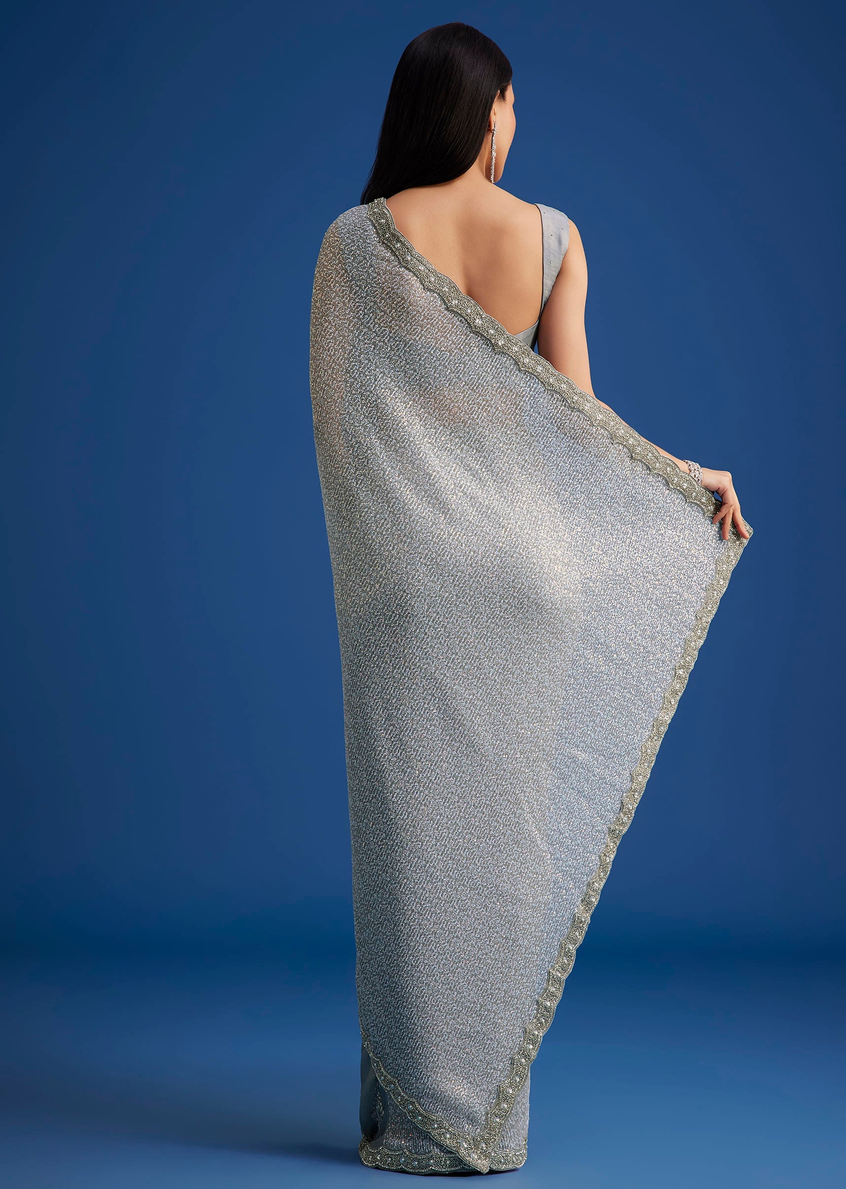 Grey Sequins Saree With Scalloped Embroidered Border