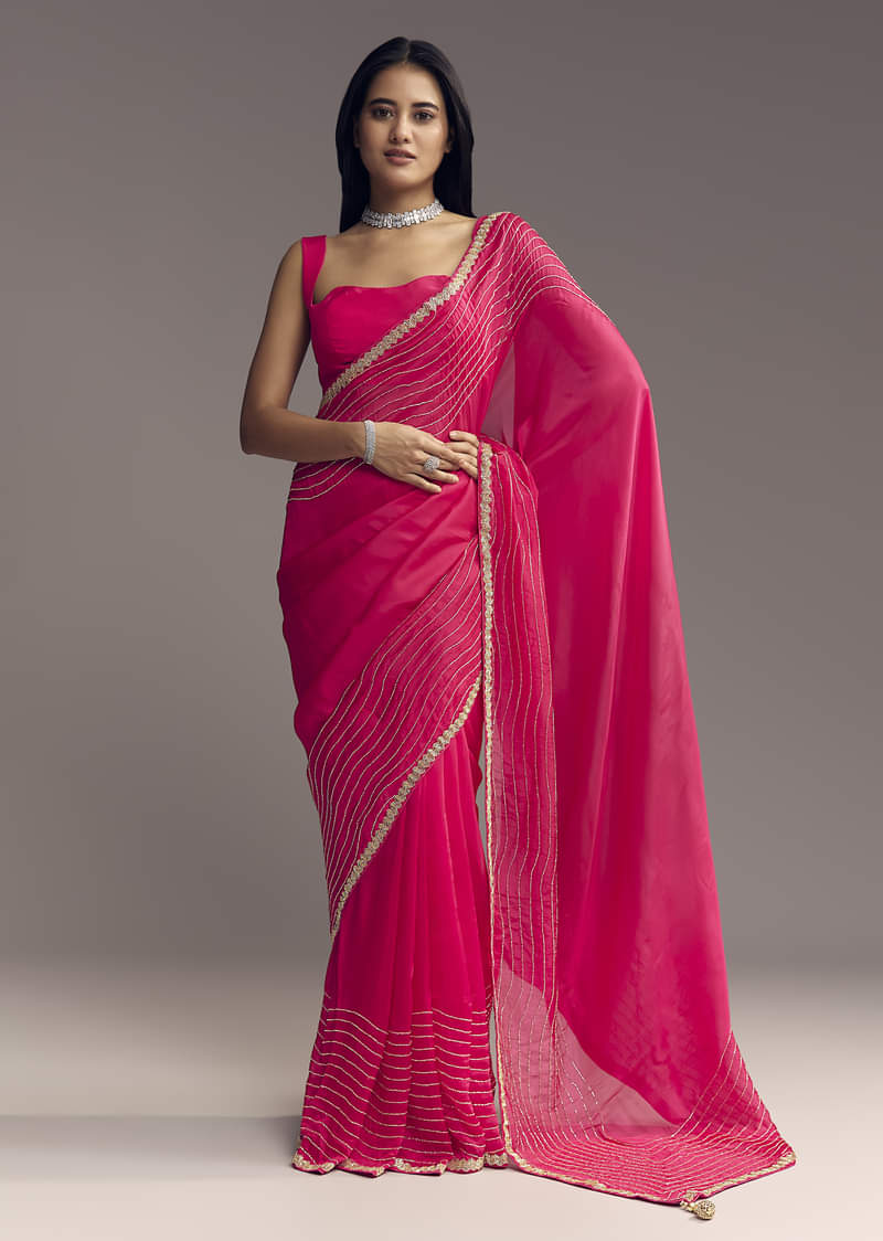 Hot Pink Organza Saree With Stone And Cut Dana Work