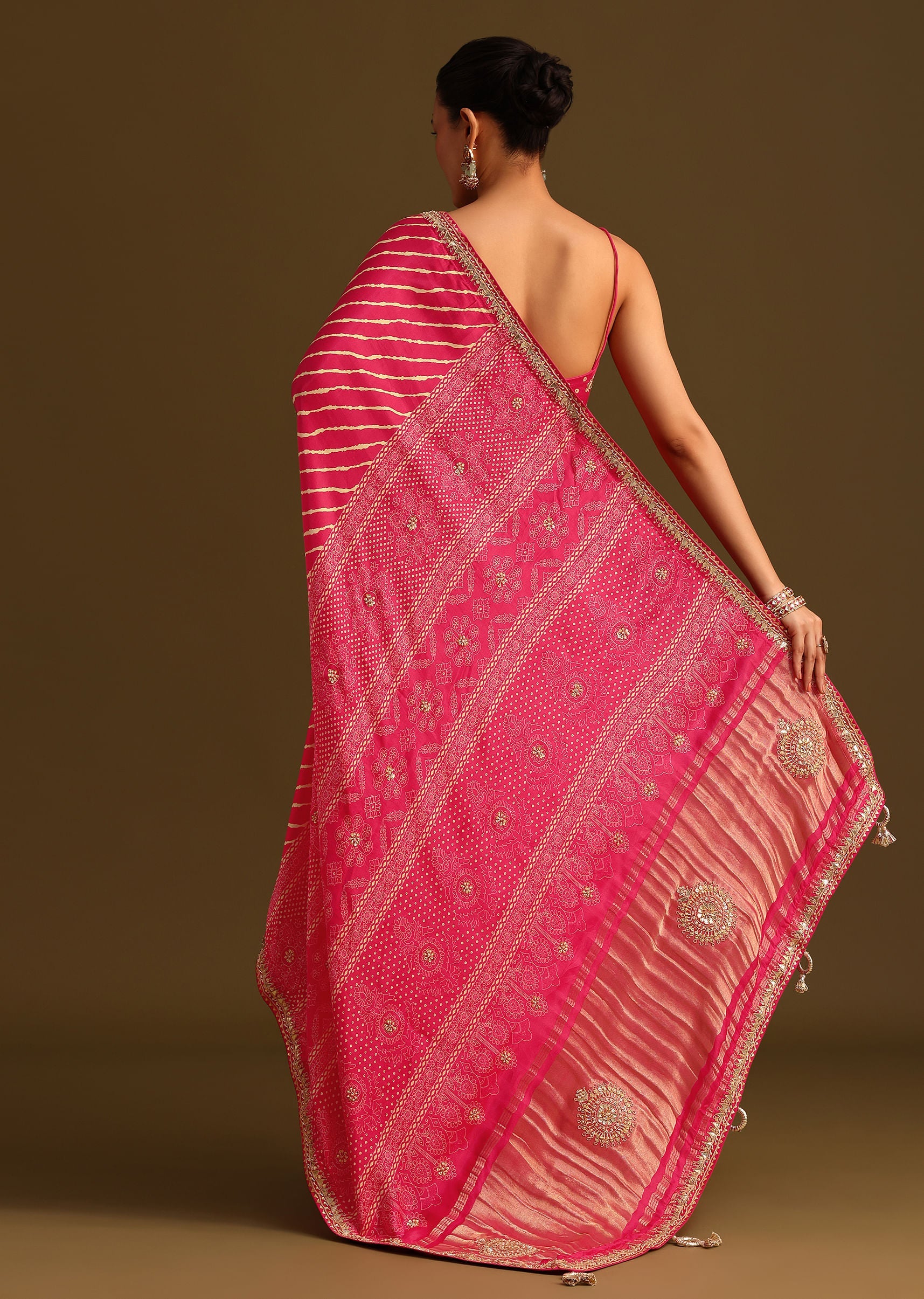 Hot Pink Lehariya Saree In Gota Patti Work With Unstitched Blouse