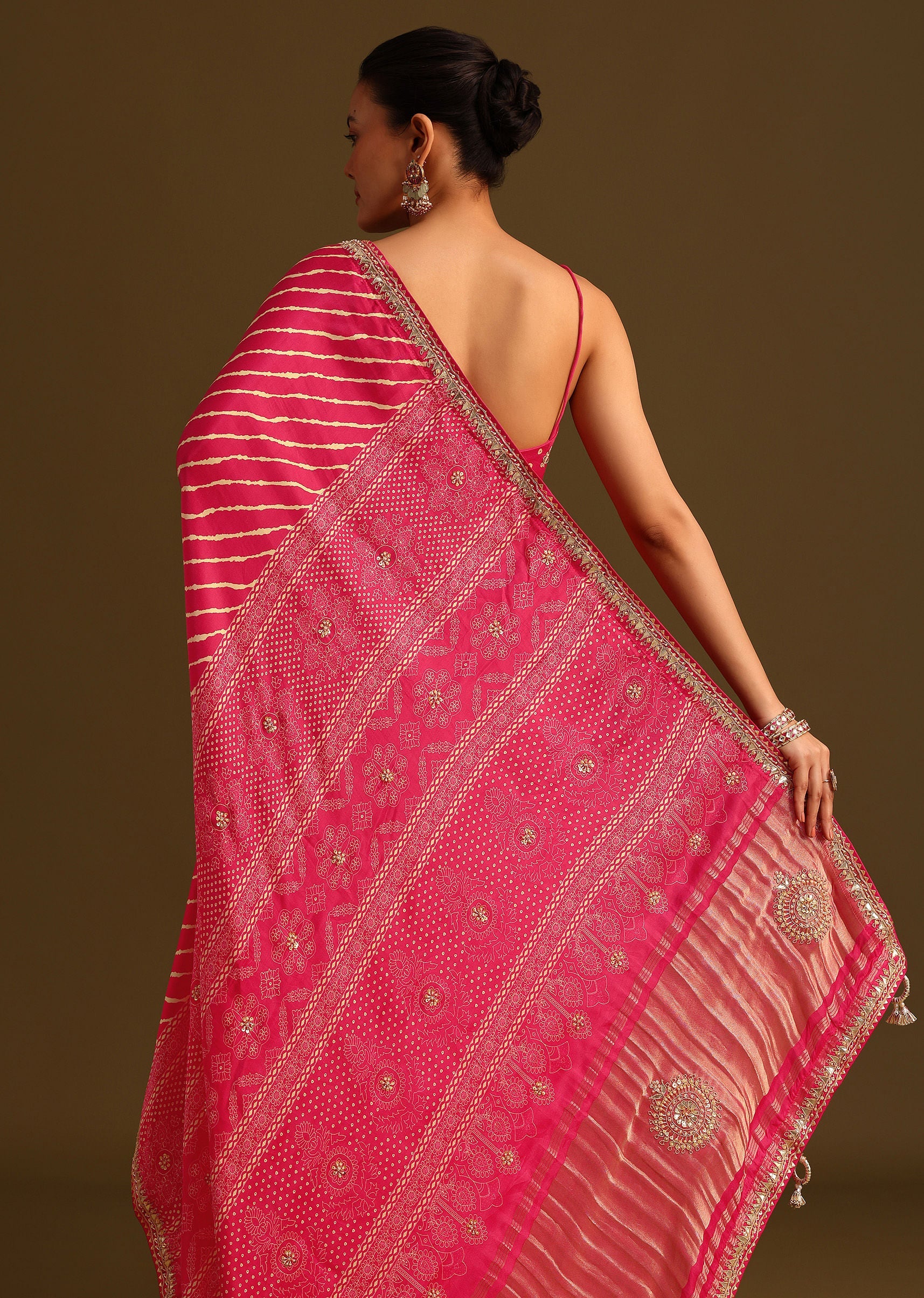 Hot Pink Lehariya Saree In Gota Patti Work With Unstitched Blouse