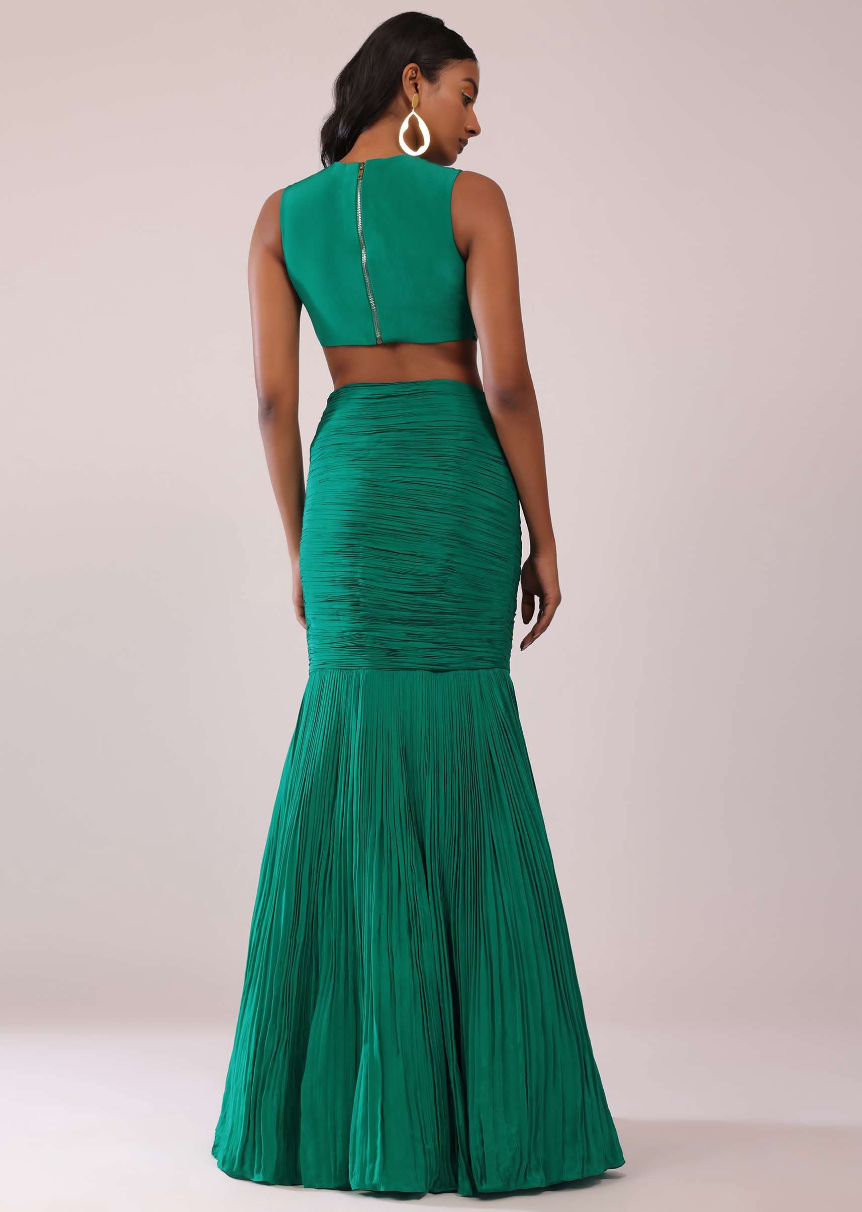 Jade Green Fish-Cut Skirt And Embroidered Blouse Set In Crepe