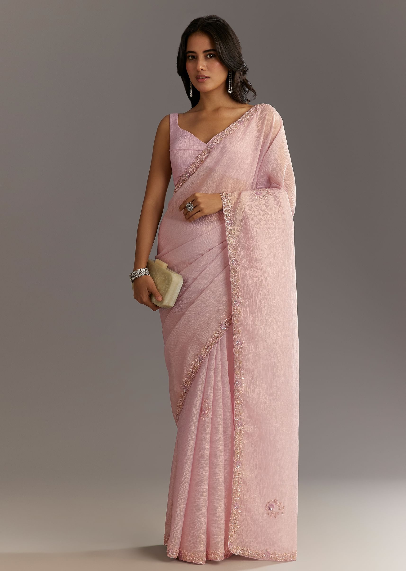 Lavender Glossy Finish Crushed Tissue Saree With Cutdana Moti Embroidery