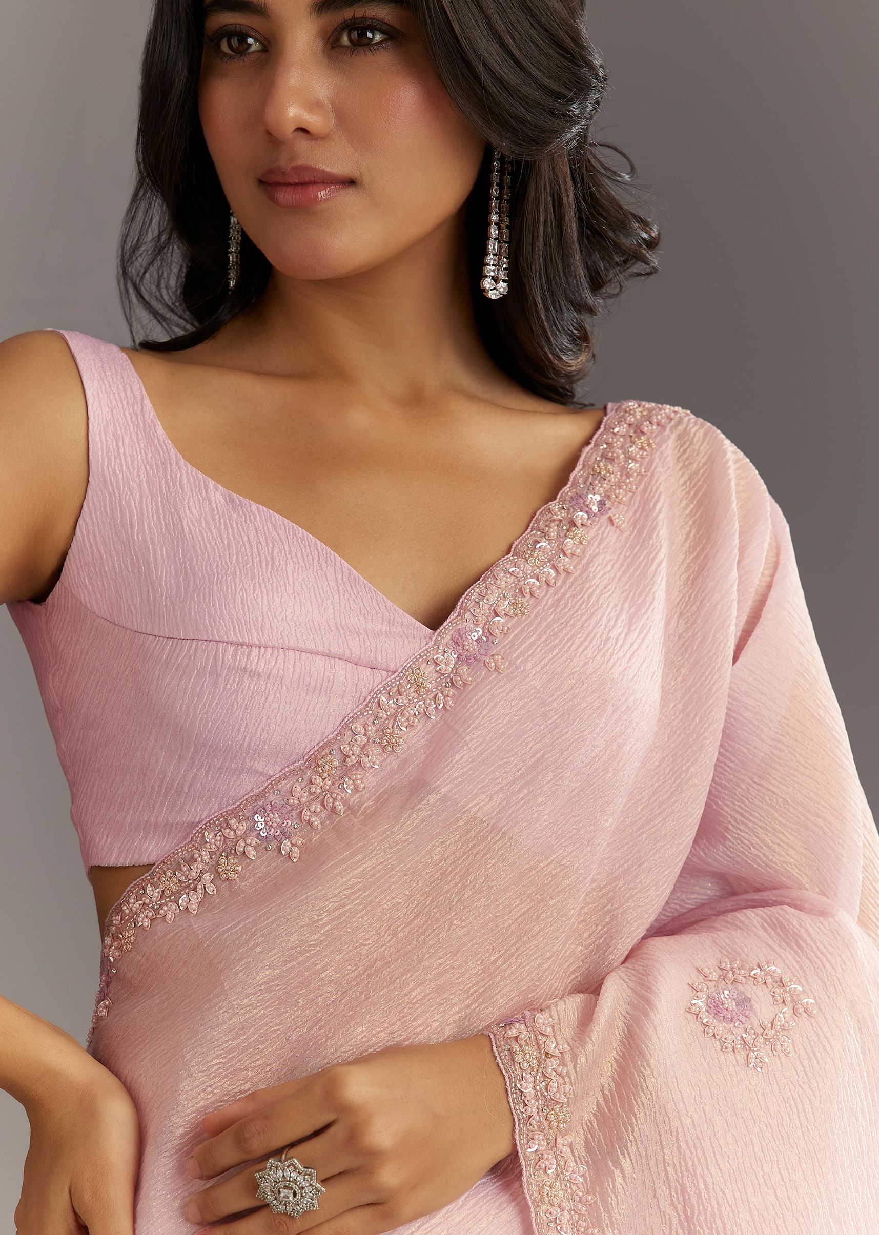 Lavender Glossy Finish Crushed Tissue Saree With Cutdana Moti Embroidery