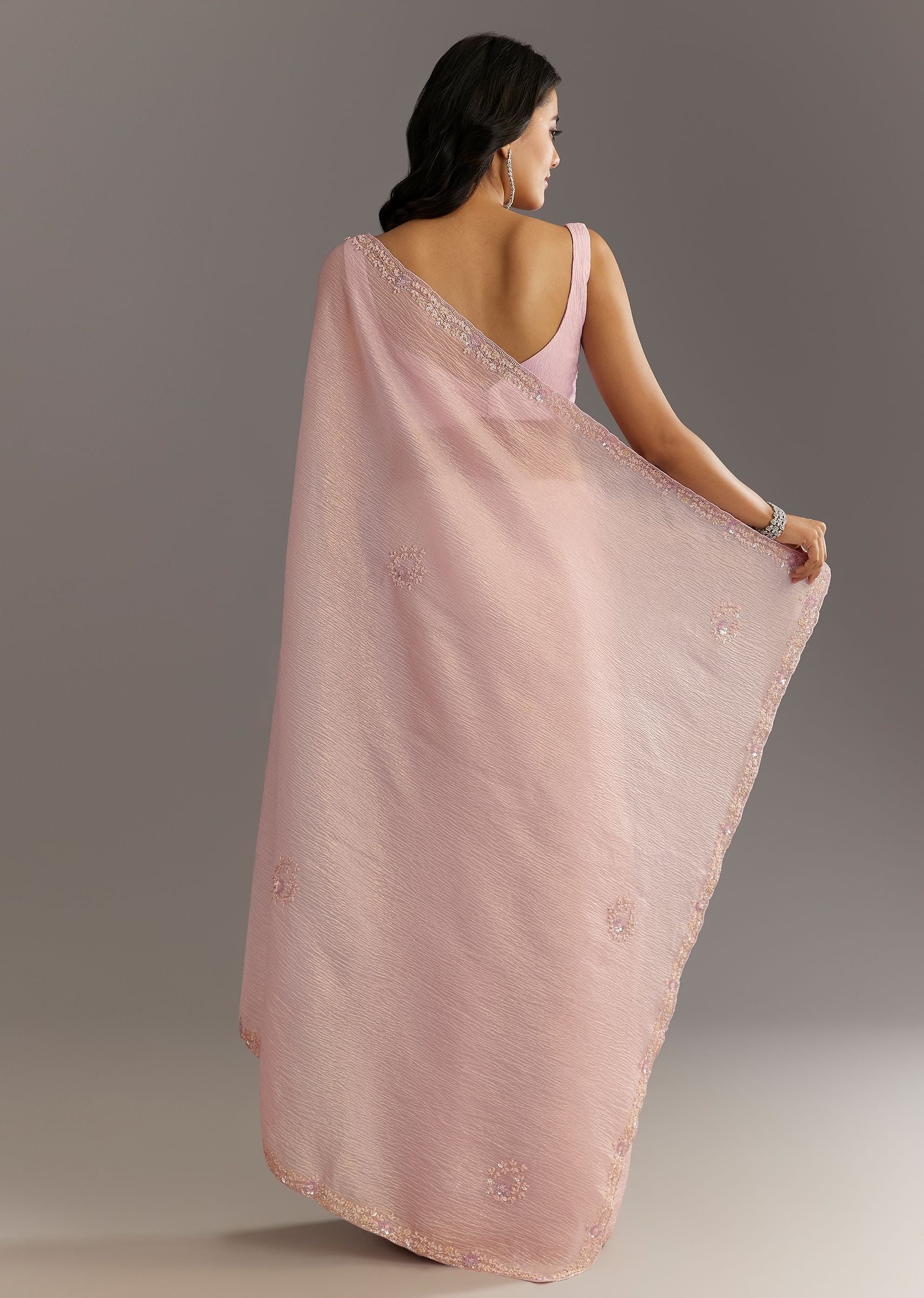 Lavender Glossy Finish Crushed Tissue Saree With Cutdana Moti Embroidery