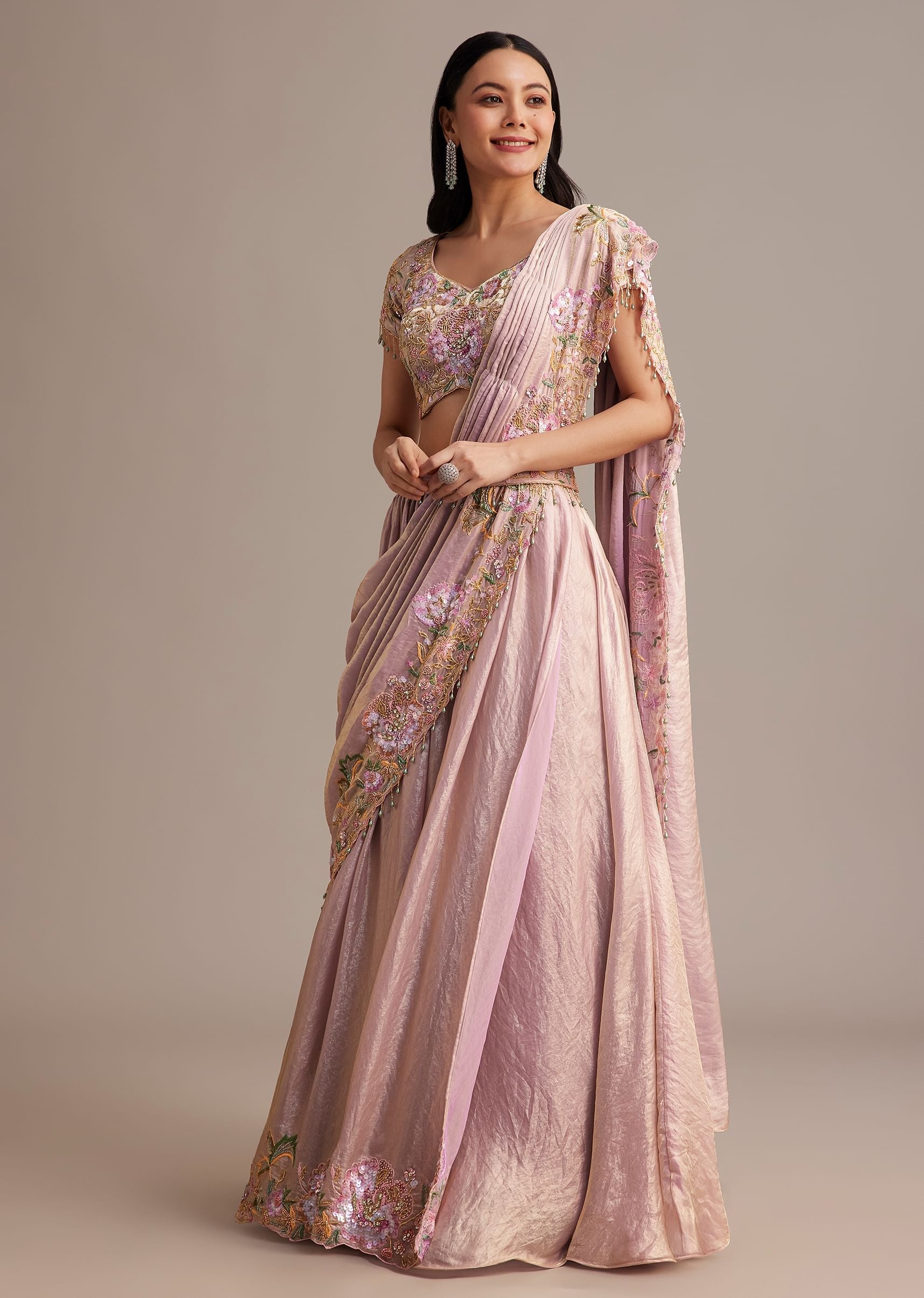 Lavender Organza Tissue Lehenga Set With Sequins And Bead Work