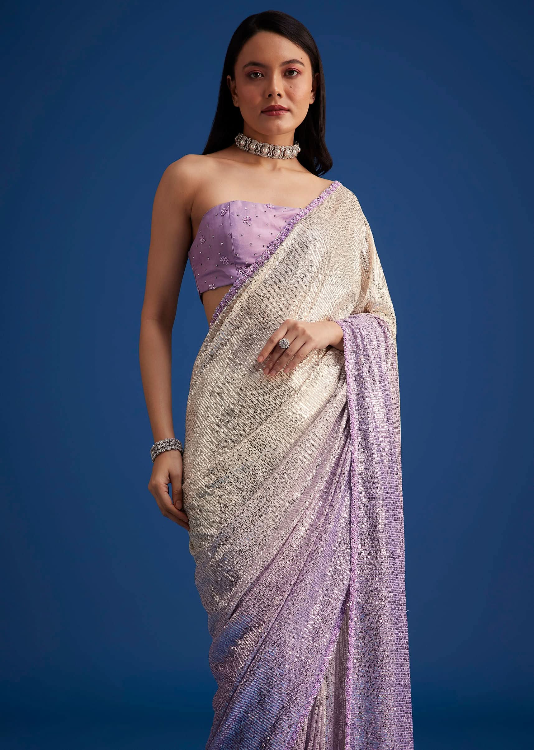 Lavender Purple Ombre Sequins Saree With An Embellished Border