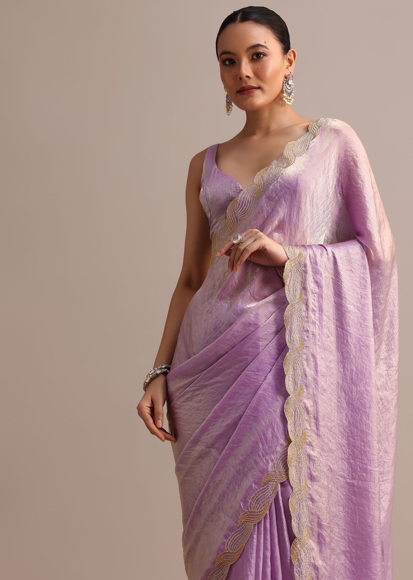 Lavender Soft Tissue Saree With Zari Embroidered Border