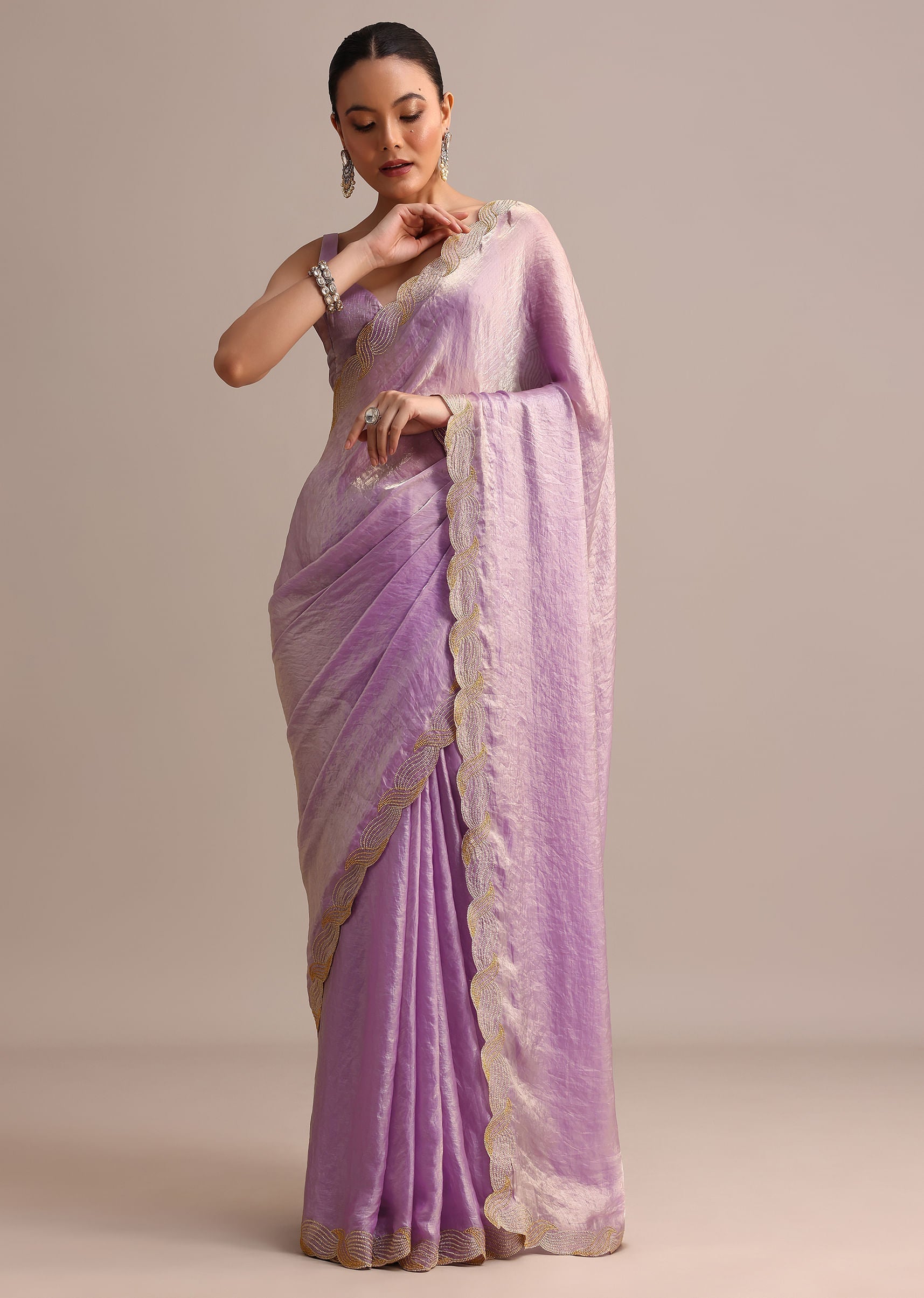 Lavender Soft Tissue Saree With Zari Embroidered Border