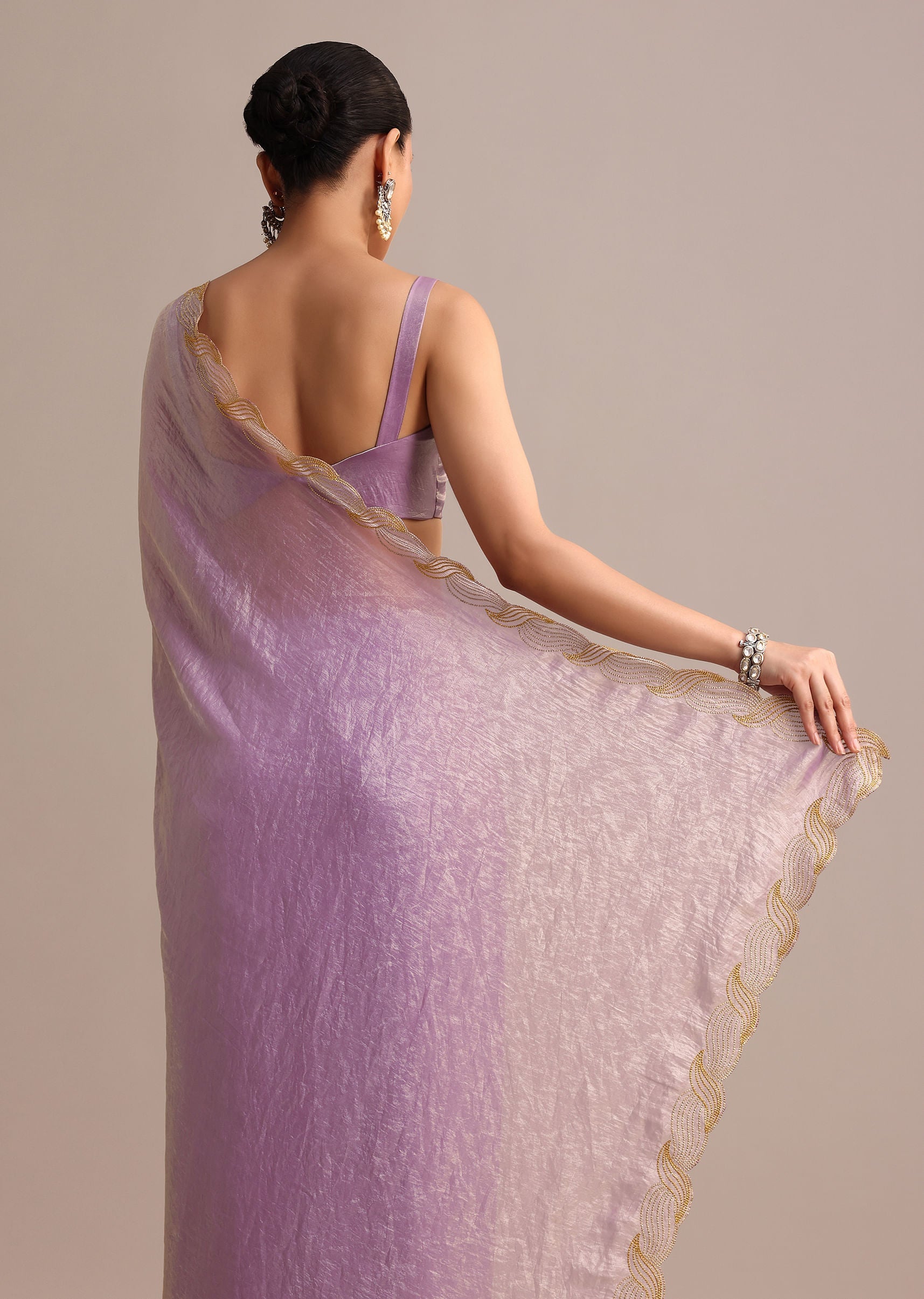 Lavender Soft Tissue Saree With Zari Embroidered Border