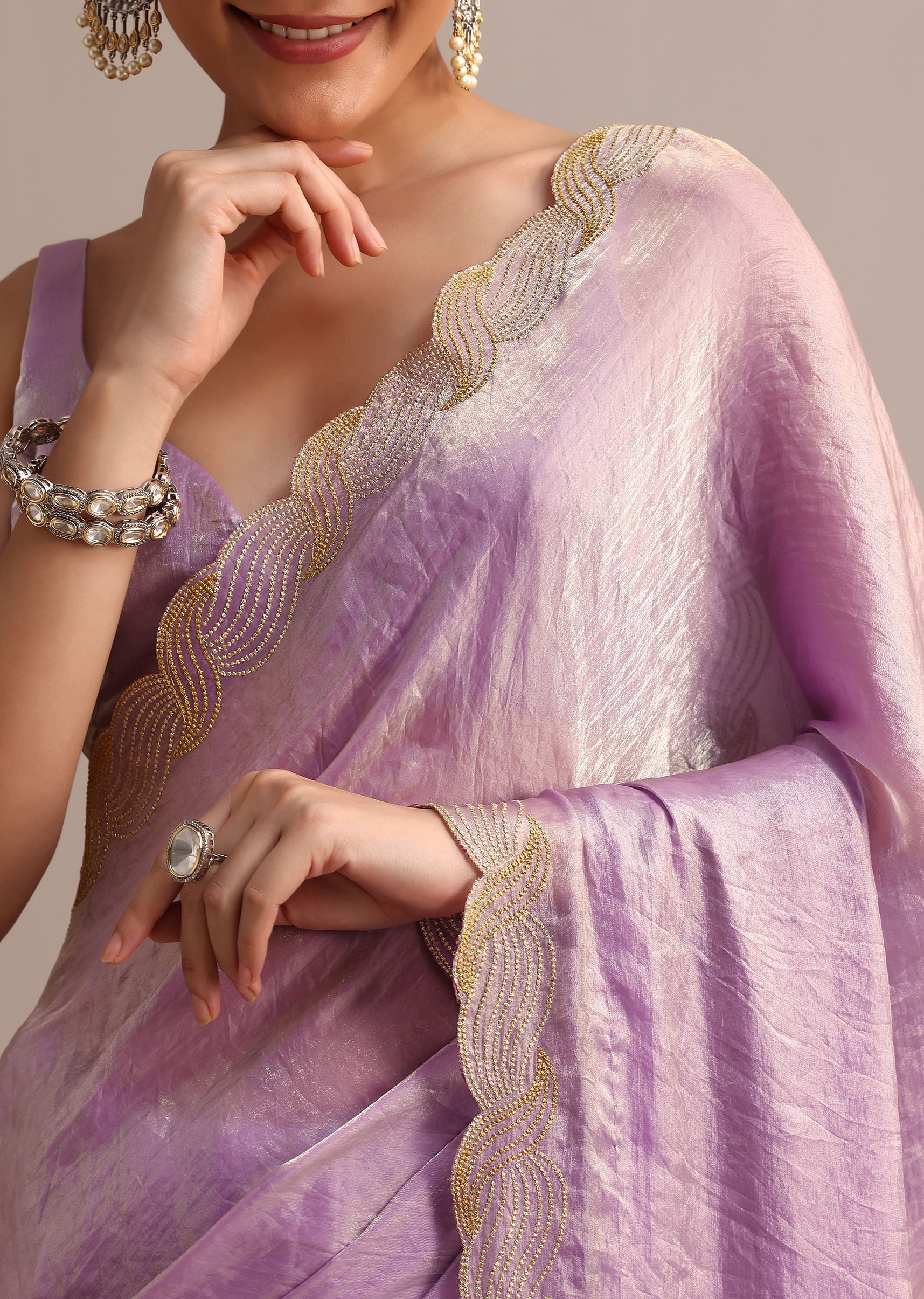 Lavender Soft Tissue Saree With Zari Embroidered Border
