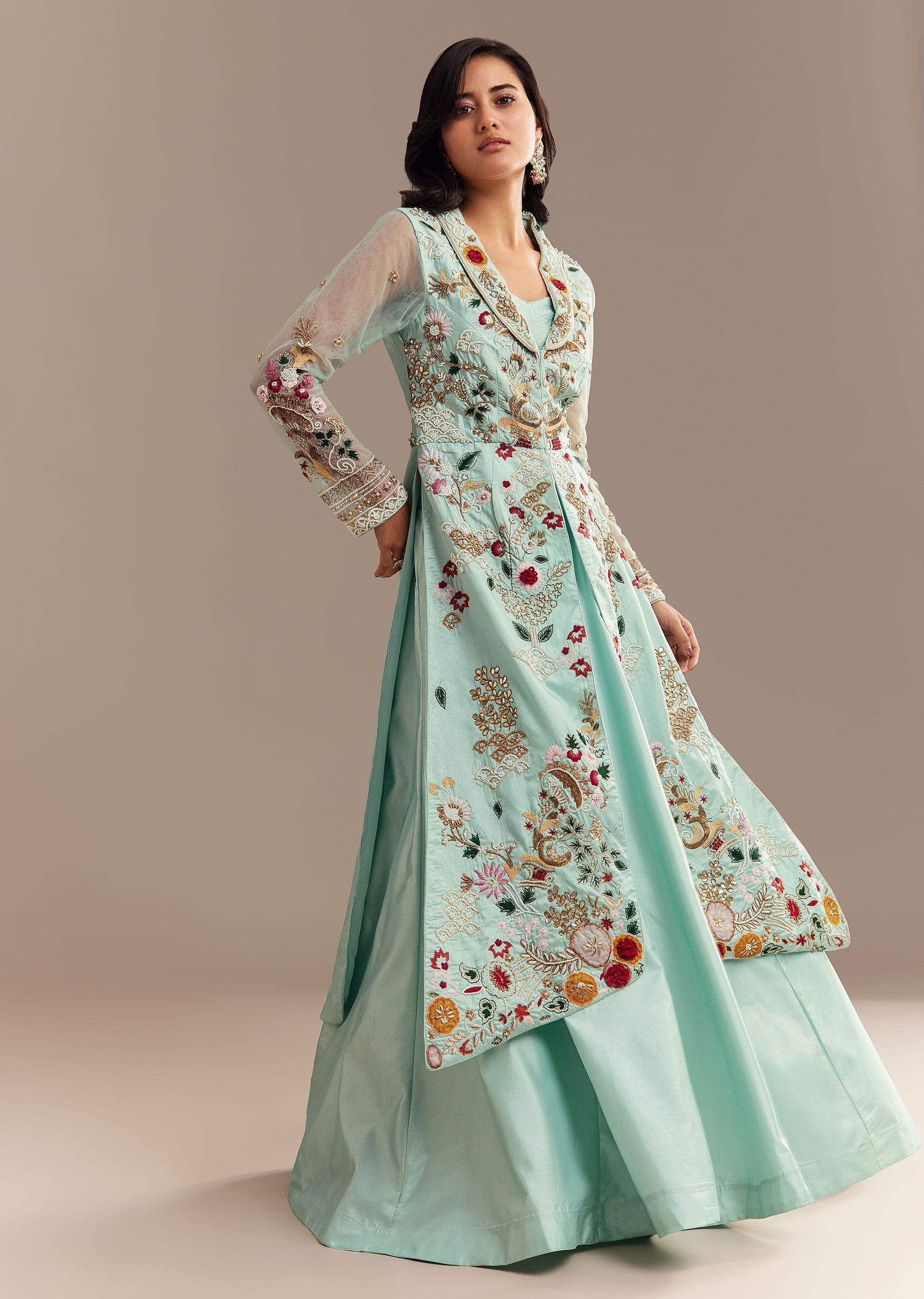 Light Aqua Blue Zardosi Embroidered Jacket Lehenga Set