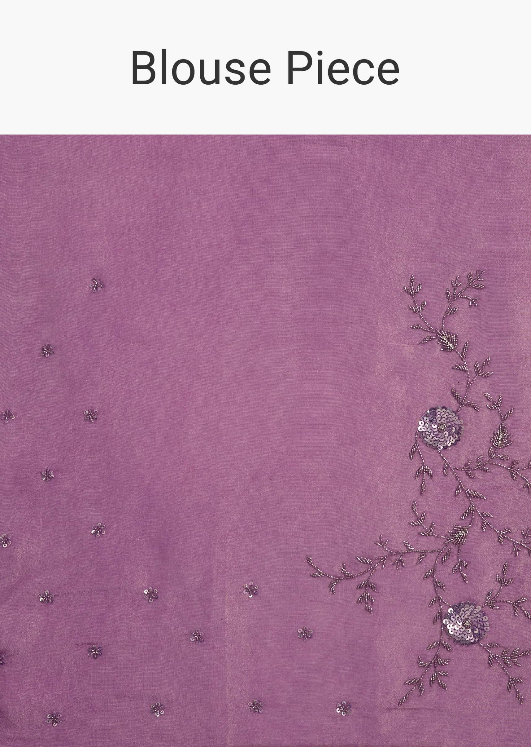 Light Lavender Tissue Saree With Floral Embroidered Scallop Border