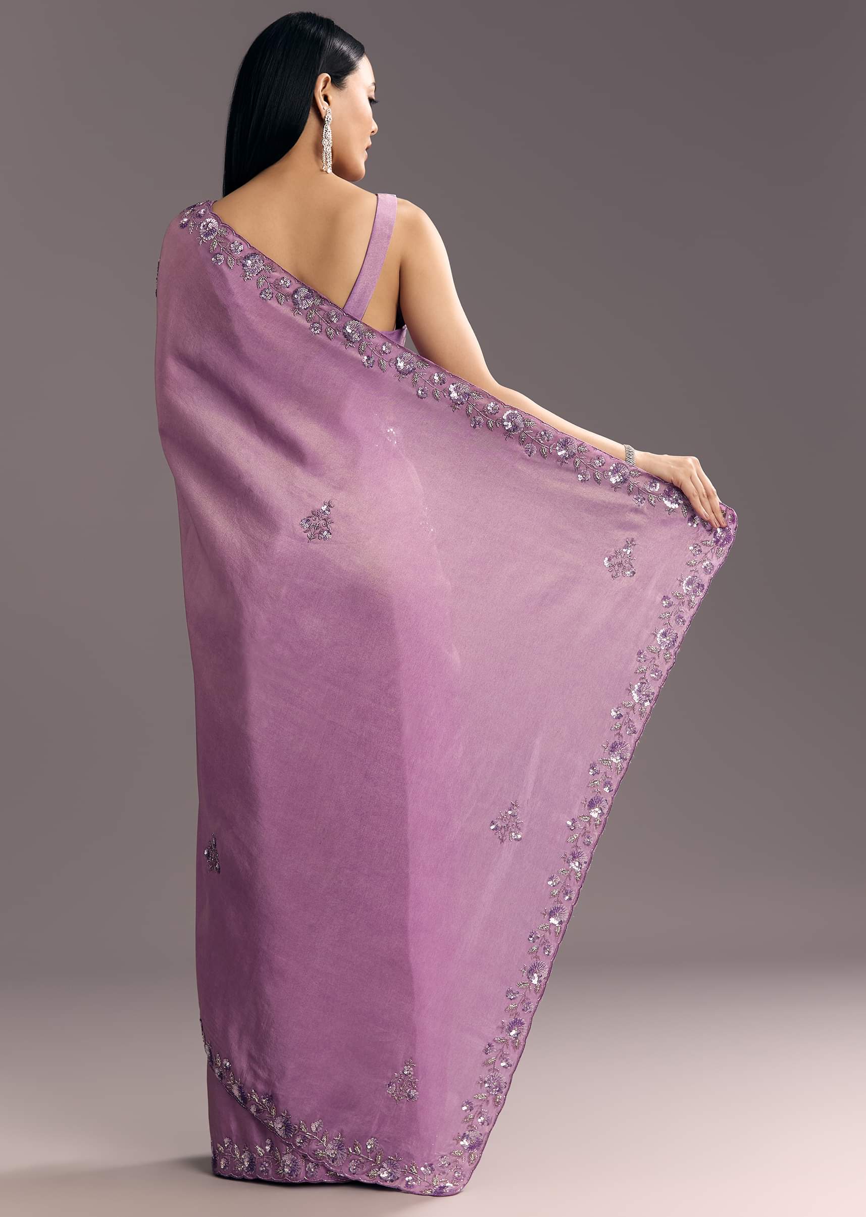 Light Lavender Tissue Saree With Floral Embroidered Scallop Border