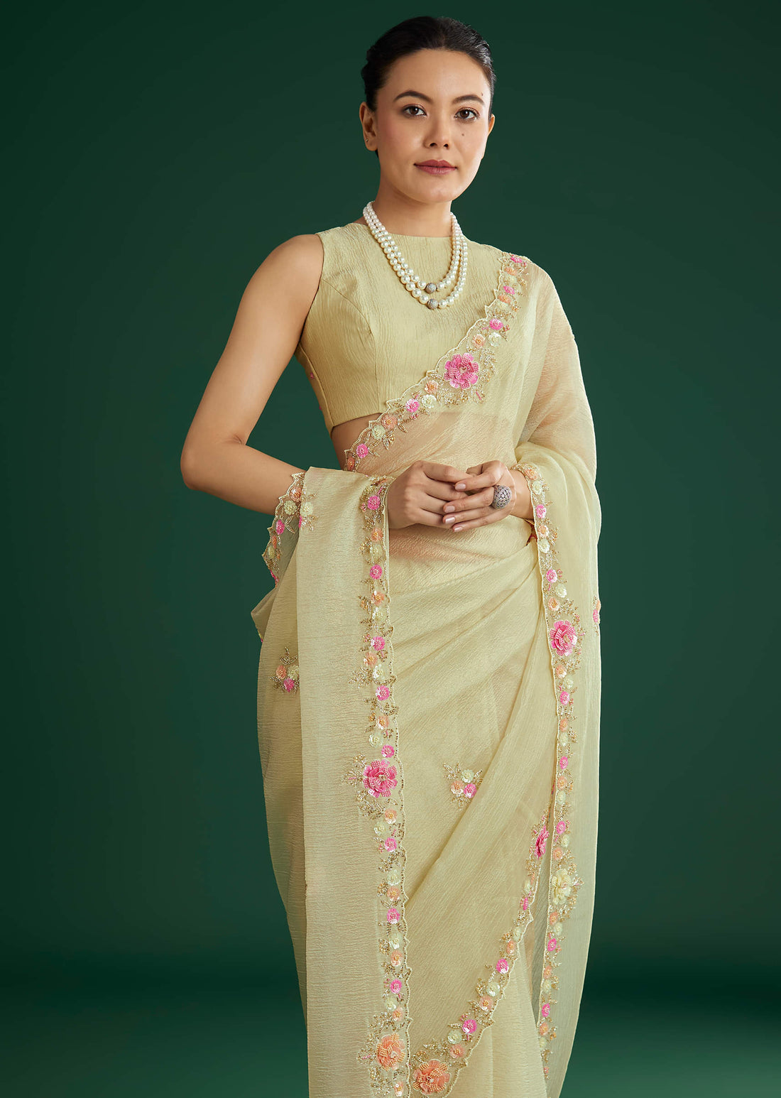 Light Pista Crushed Tissue Saree With Floral Embroidery