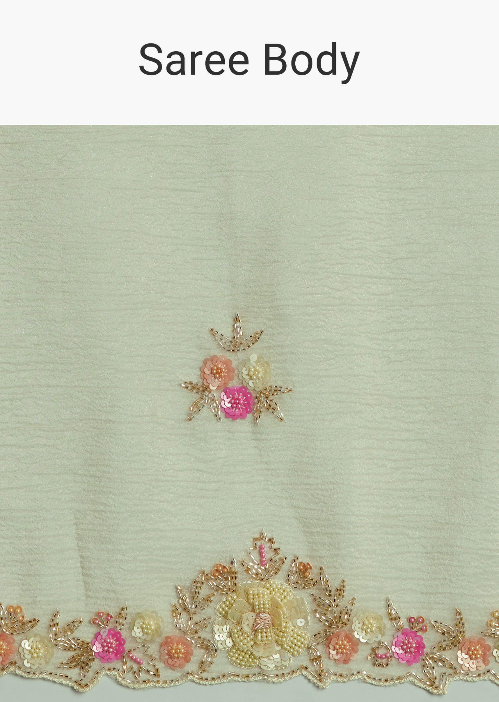 Light Pista Crushed Tissue Saree With Floral Embroidery