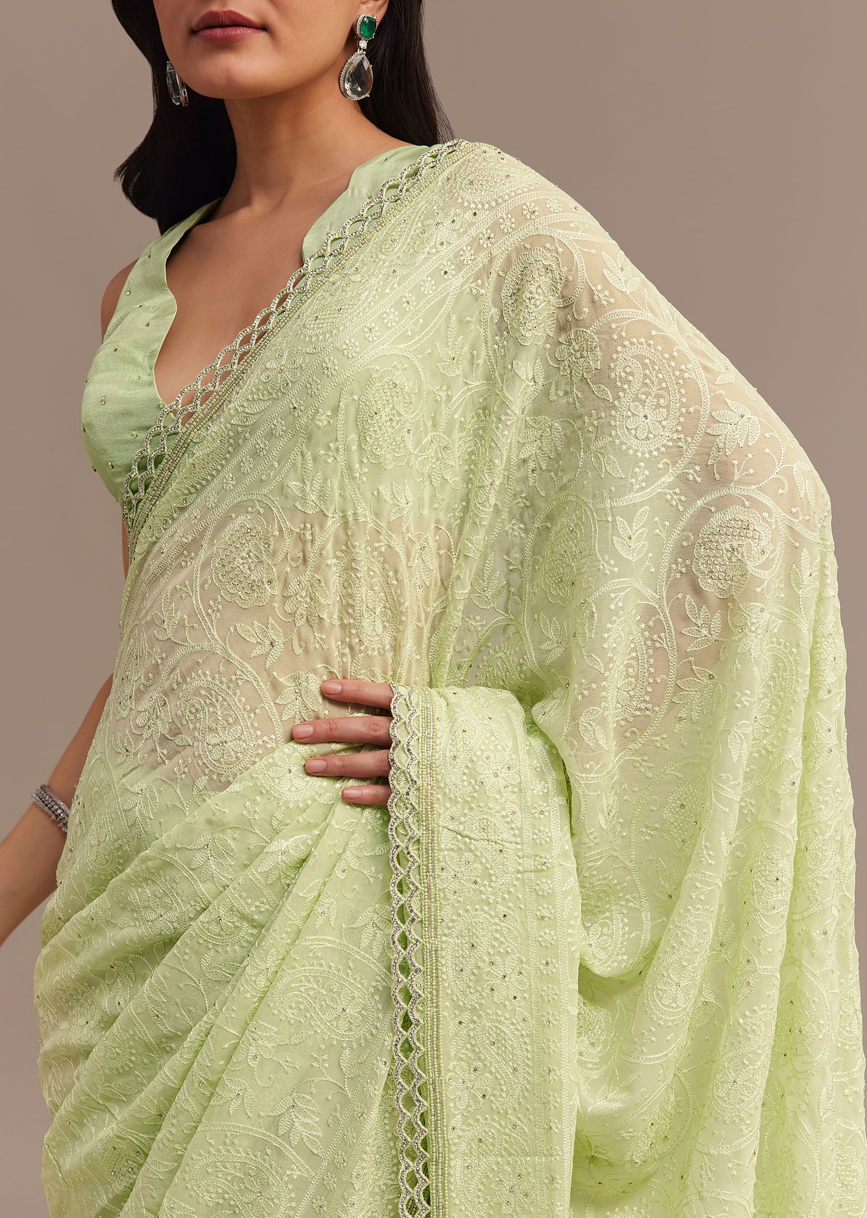 Light Green Chikankari Georgette Saree With Stone Embellishments