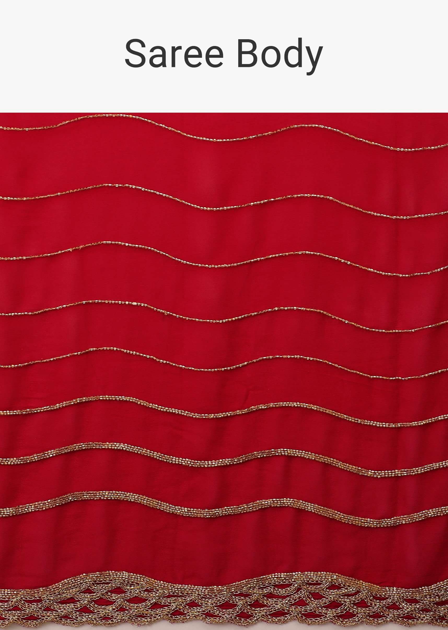 Lipstick Red Georgette Saree Adorned With Golden Zardozi Embroidery & Detailing, And Cut Dana Fringes