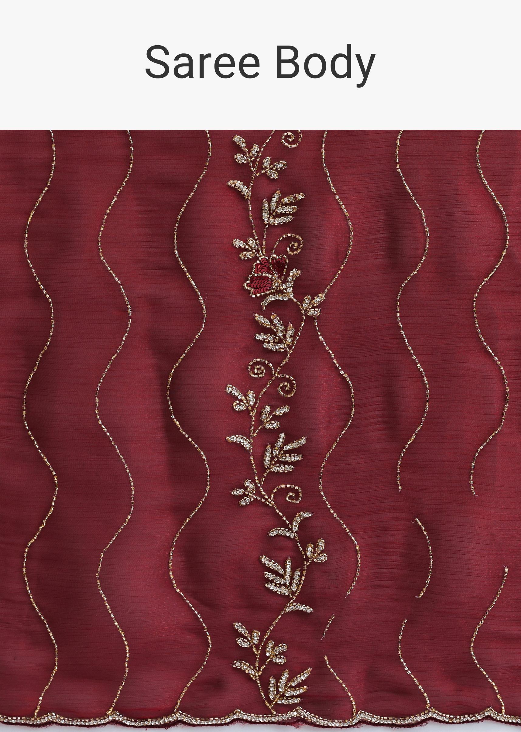 Maroon Red Tissue Saree With Cut Dana Embroidery And Unstitched Blouse