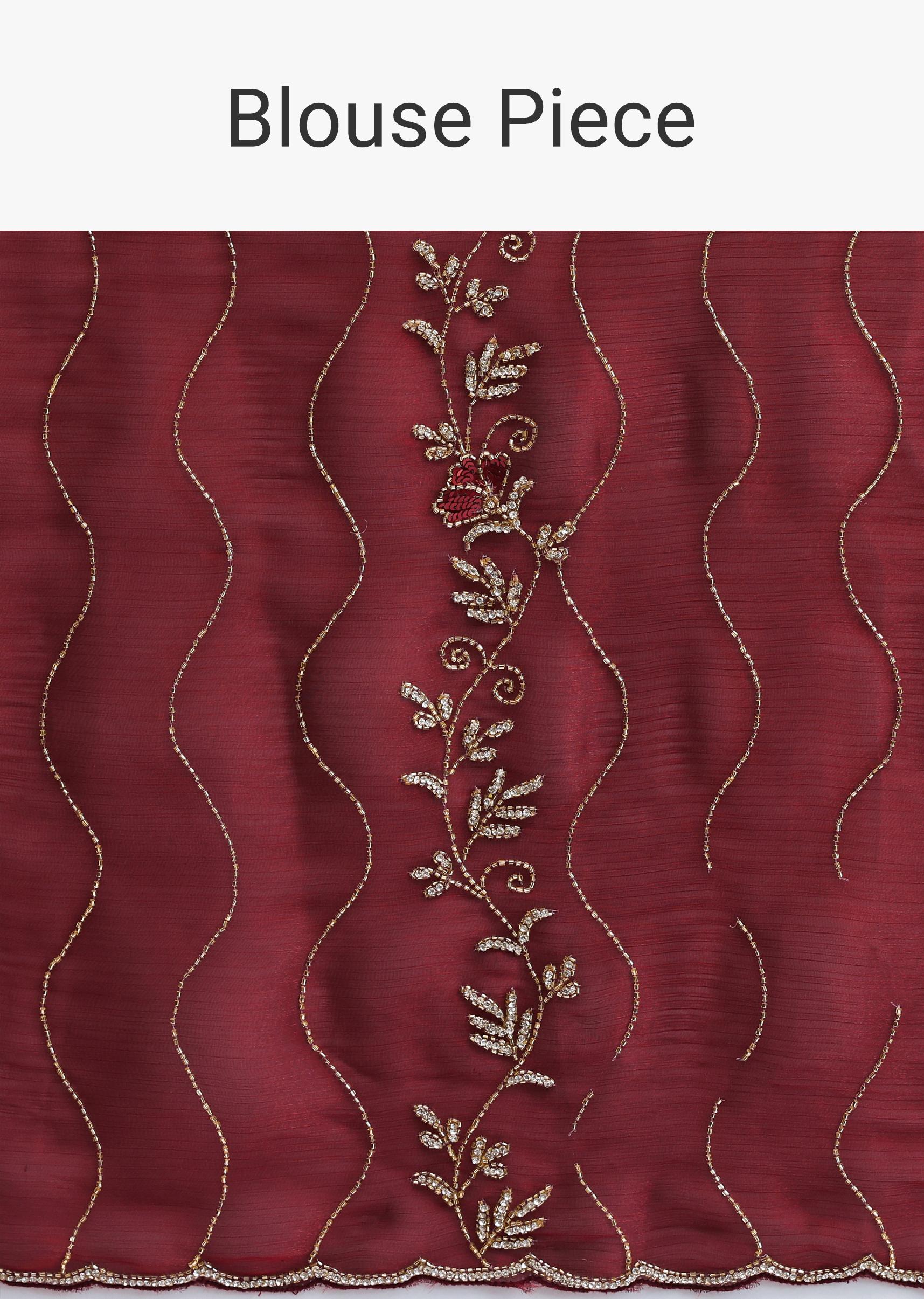 Maroon Red Tissue Saree With Cut Dana Embroidery And Unstitched Blouse