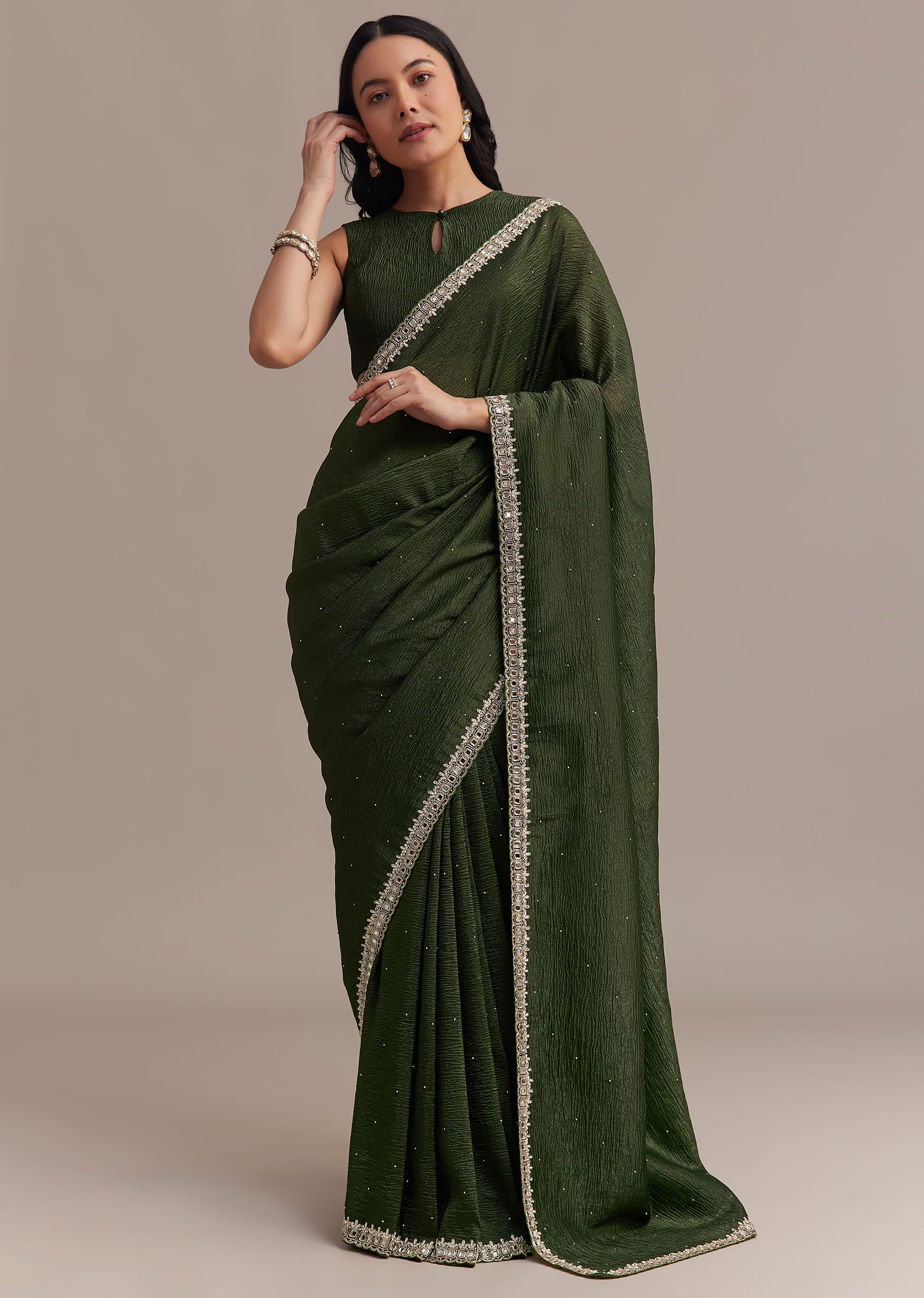 Mehendi Green Crushed Tissue Saree With Embellished Border